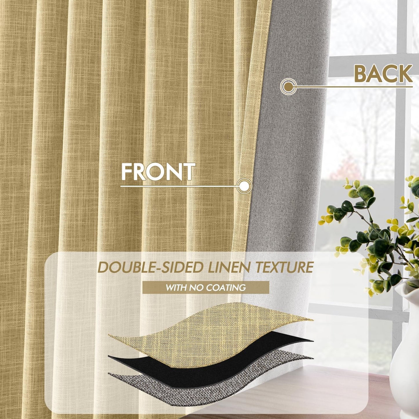 MIULEE Yellow 100% Blackout Linen Curtains 96 Inch 2 Panels Set Double Sided No Coating Pinch Pleated Back Tab Floor to Ceiling Black Out Thermal Insulated Bedroom Living Room Darkening Window Drapes