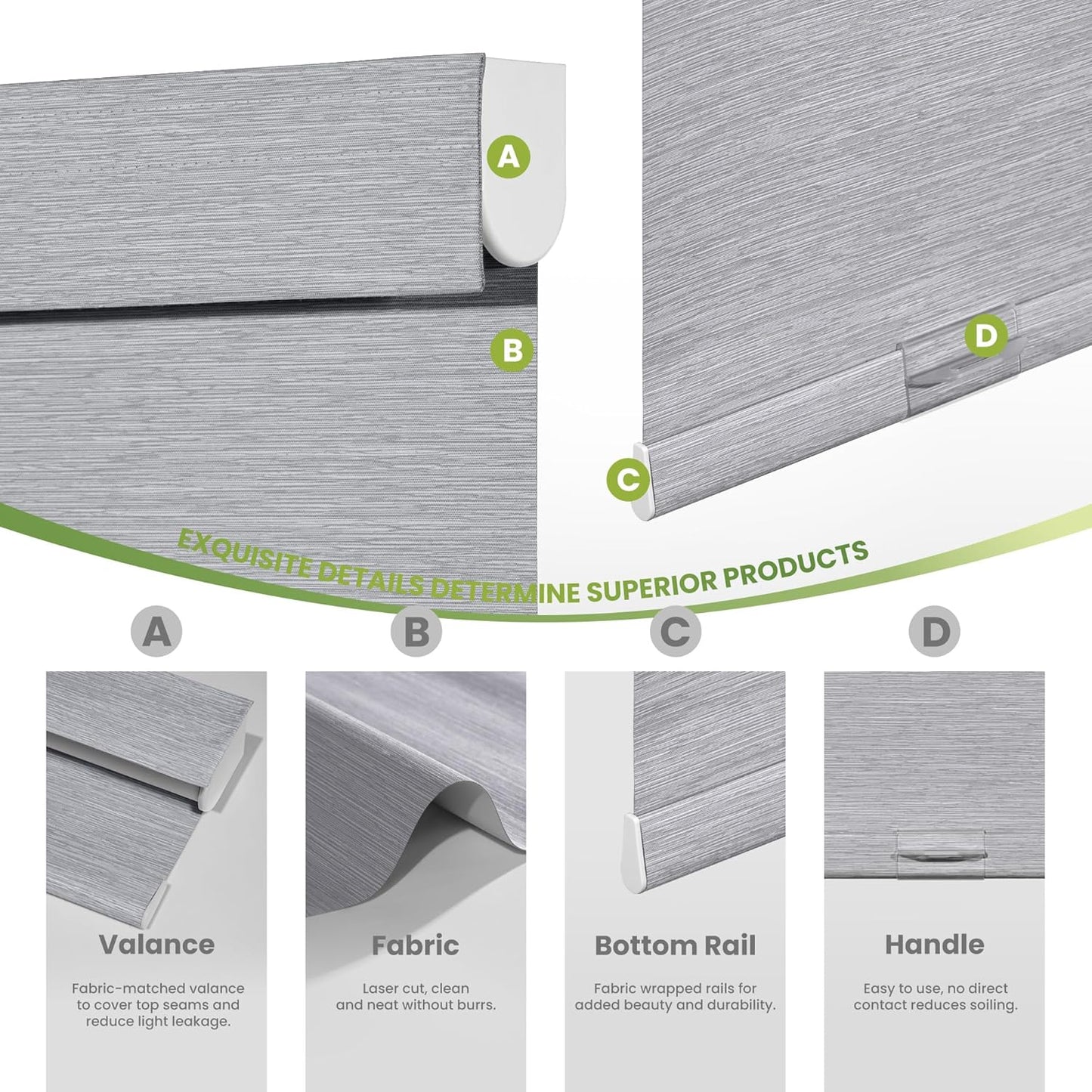 Blackout Roller Shades for Indoor Windows, Cordless Jacquard Fabric-Matched Roller Blinds, Easy to Install Privacy UV Protection Roll Up Blinds for Home Office, Grey, 29" W x 72" H