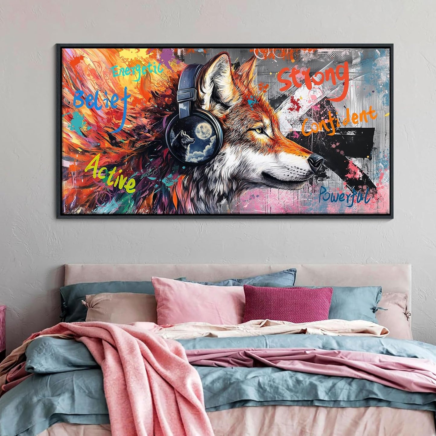 JEAWA Framed Canvas Wall Art, Large Modern Graffiti Street Art Wolf with Headphones Funny 24x48 IN Pictures Print Painting for Living Room Bedroom Office Men Teen Boy Room Home Decor Birthday Gift