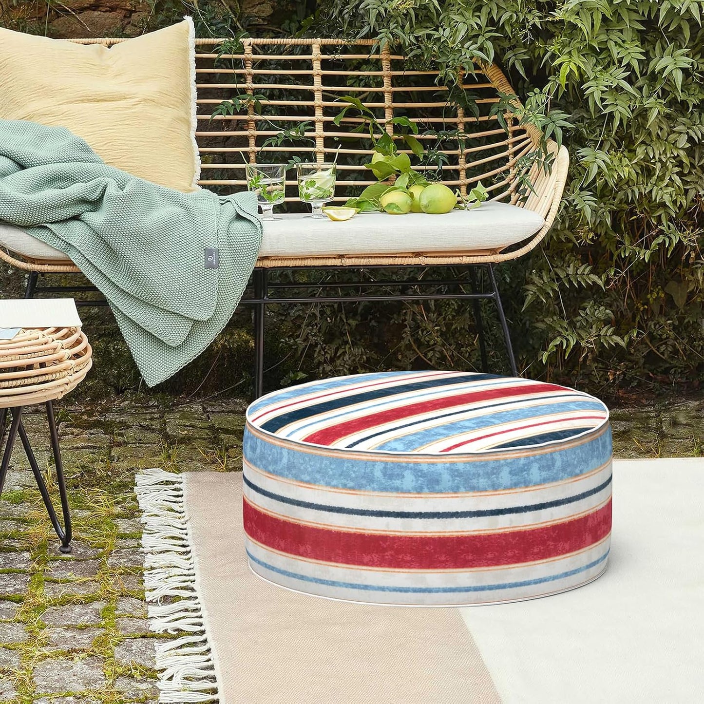 LVTXIII Inflatable Stool Ottoman Footrest with Handle, Decorative Fade-Resistant Foot Stool, Indoor or Outdoor Pouf for Home Garden and Camping Use, D21 x W 21 x H9, Stripe Red Blue