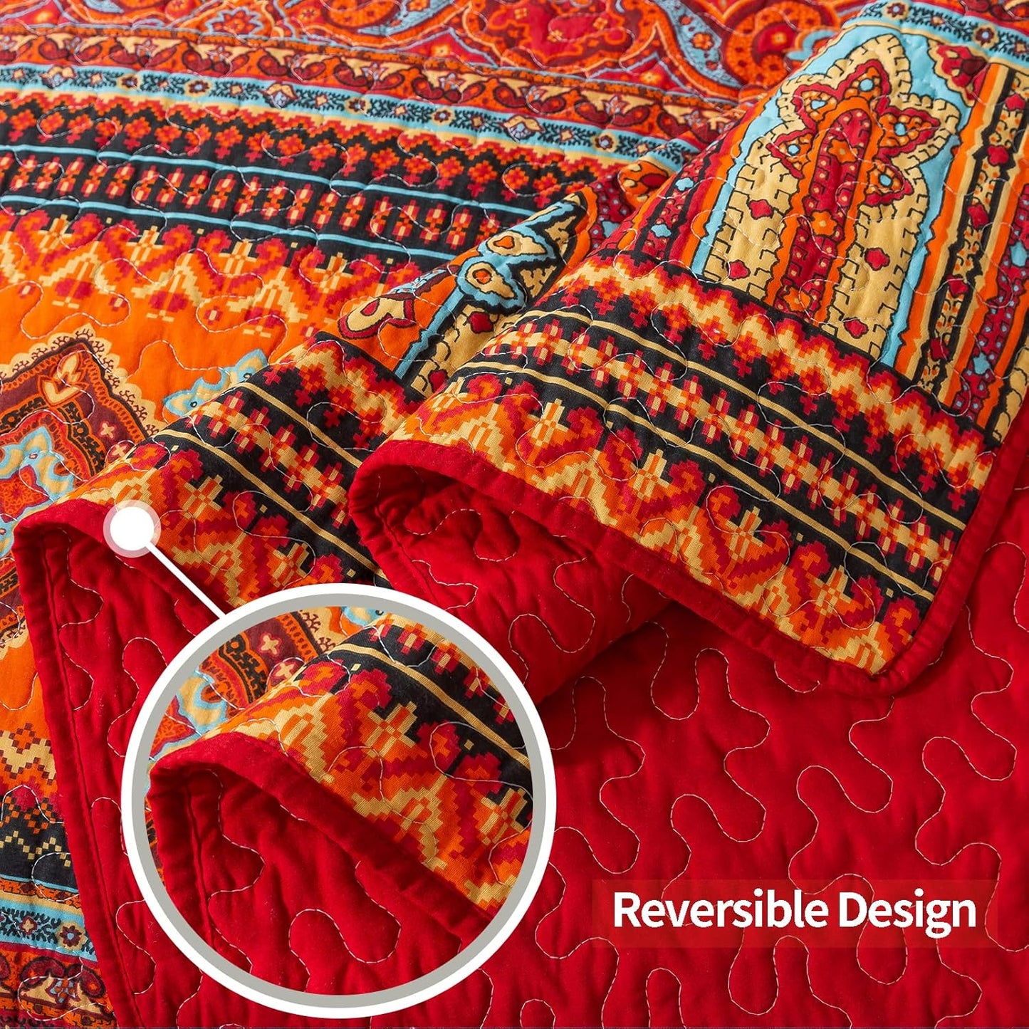 VAPUTAR Cotton Quilt Queen Size Bedding Set - 3 Pieces, Boho Queen Size Quilts, Lightweight Reversible Coverlets Bedspreads for Farmhouse Bedroom (Red/Orange)