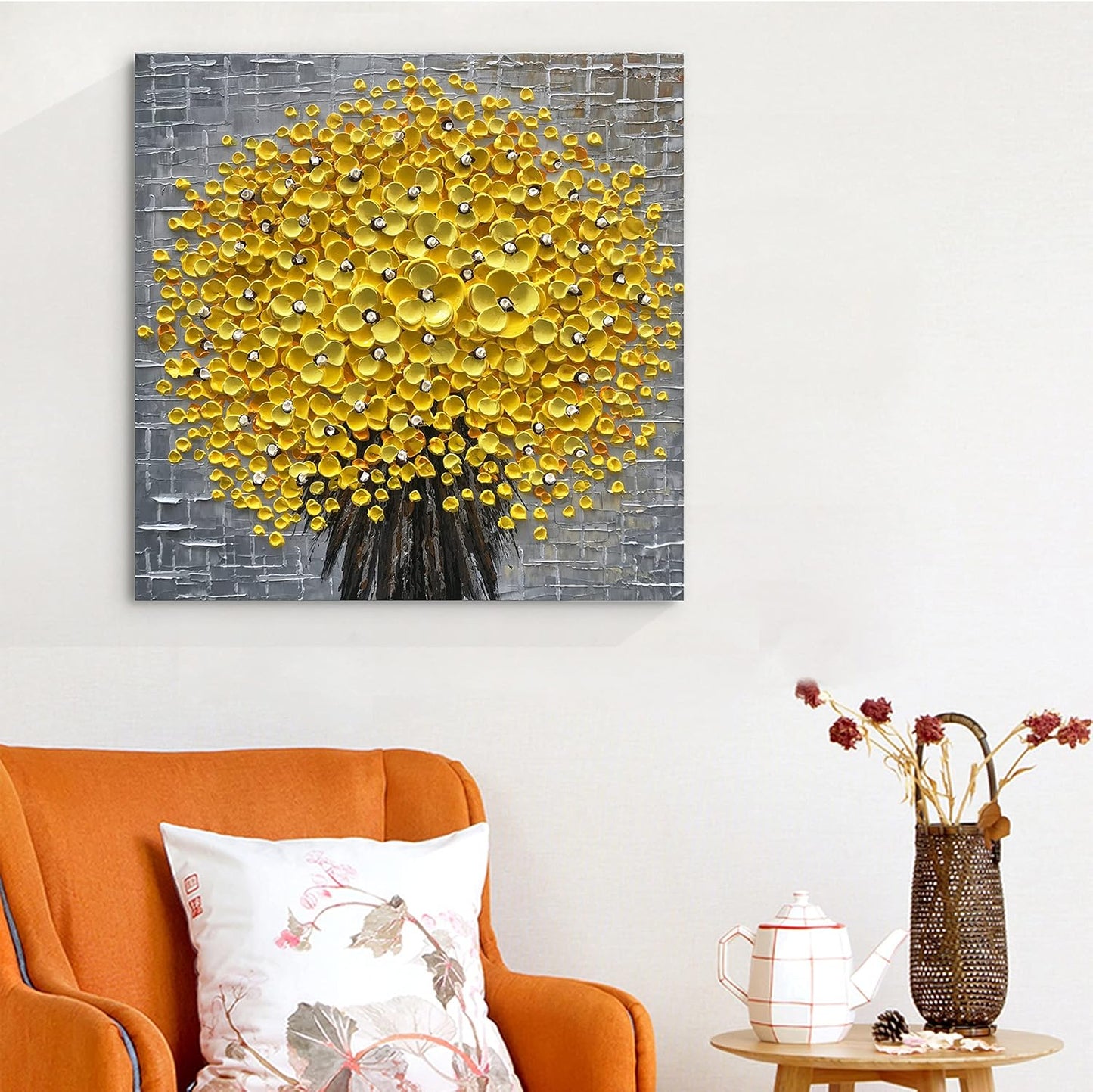 Epicler 24x24 Inch Hand-Painted 3D Yellow Flower Art Oil Painting, Modern Flower Canvas Wall Painting, Contemporary Abstract Canvas Oil Painting Home Wall Decoration