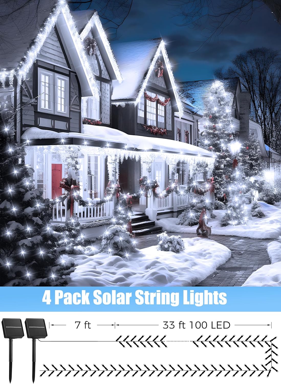 Minetom Solar String Lights for Outside, 4 Pack Total 160FT 400 LED Solar Christmas Lights Outdoor with 8 Modes, Solar Lights Outdoor Waterproof, Solar Christmas String Lights for Tree House, White