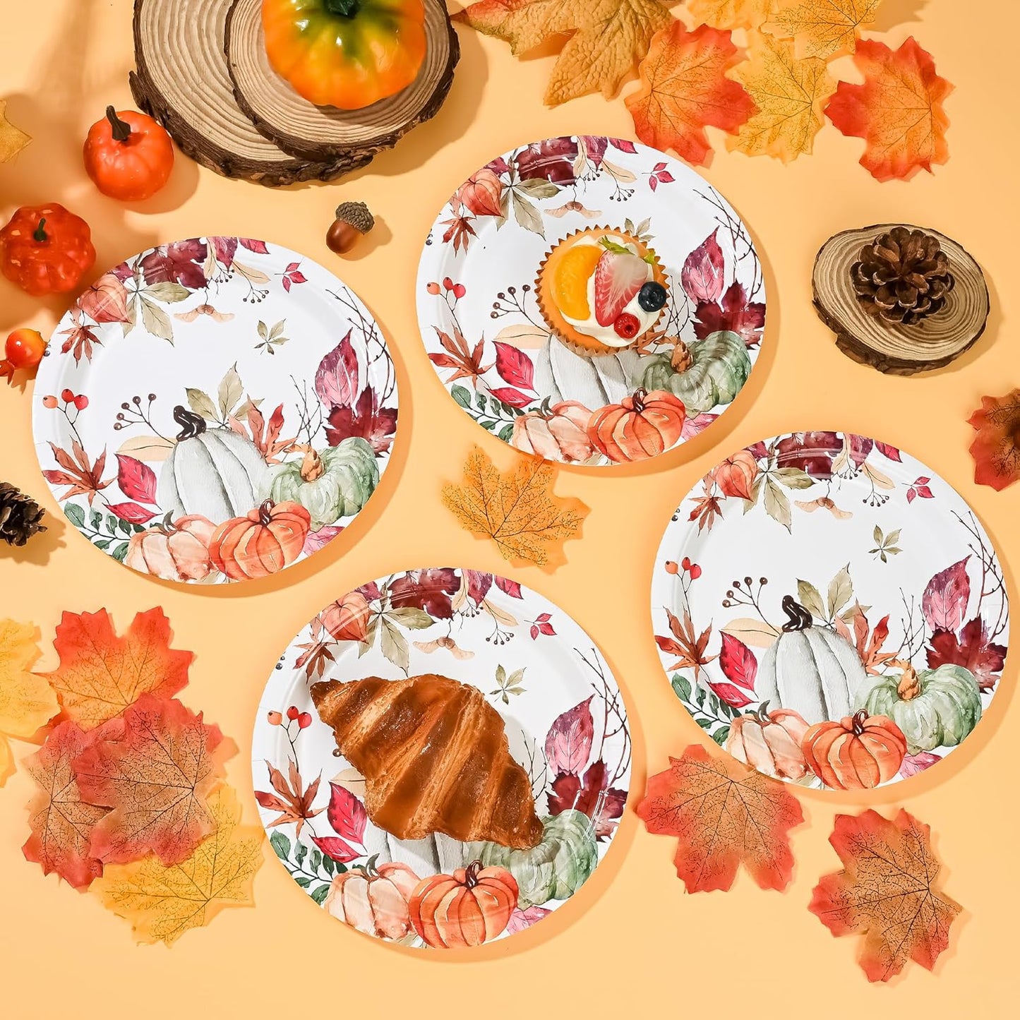 AllReal Fall Pumpkins Paper Plates Rustic Pumpkin Leaves Disposable Party Plate 7" Thanksgiving Autumn Dessert Plate for Birthday Baby Shower Party Supplies Table Decor (24)