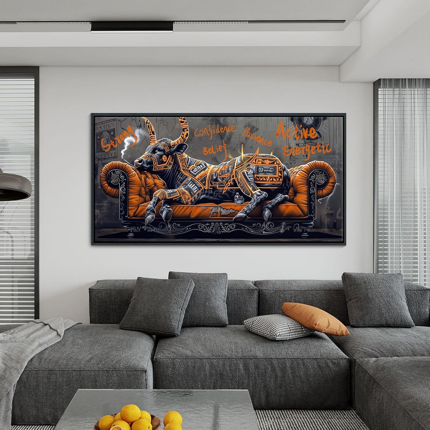 JEAWA Framed Canvas Wall Art - Large Creative Wall Art for Bedroom Living Room Bathroom, Modern Artwork Decor for Home Decoration, Strong Bull Color Graffiti, 29x58 IN