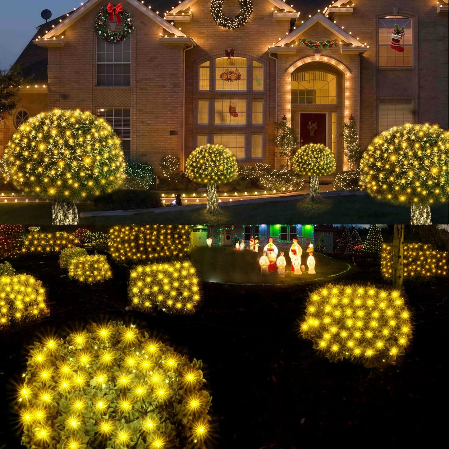 WBao Solar Christmas Lights Outdoor 360LED 11.5ft x 6.9ft Christmas Net Lights with Remote, 8 Lighting Modes, Timer, Waterproof for Lawn, Bushes, Shrub, Trees Outdoor Christmas Decorations, Warm White