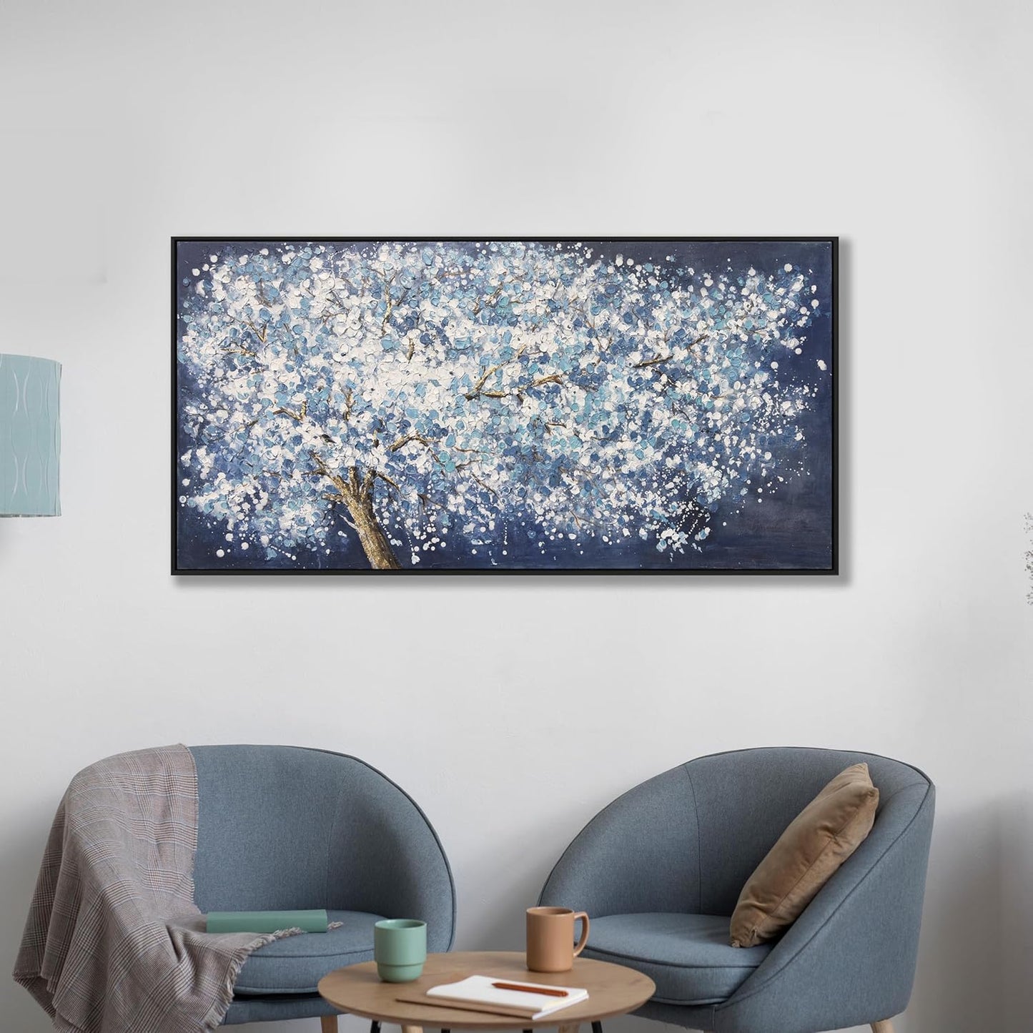 Modern Wall Art Nature Art Canvas Artwork Wall Decor Painting Dark Blue And White Abstract Tree Plants With Framed For Bedroom Living Room Dining Room Home Office Modern Abstract Artwork 24"×48"