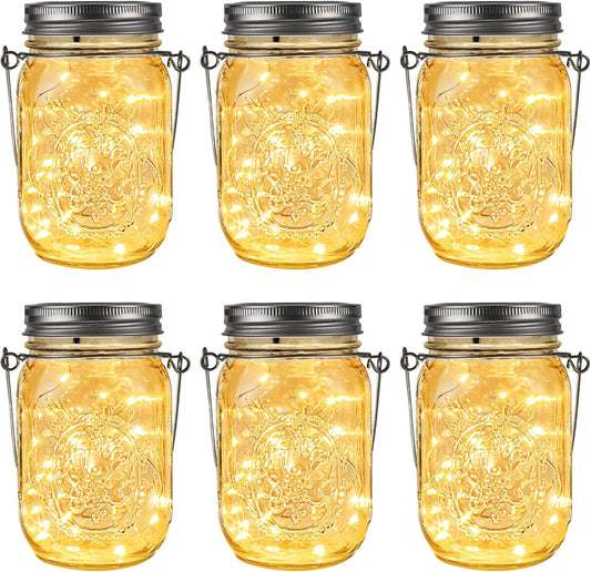 GIGALUMI Hanging Mason Jar Solar Lights, 6 Pack 30 Led Tinplate Lids Hanging Solar Lanterns Outdoor Waterproof, Hangers and Jars Included, Outdoor Decor for Balcony, Garden, Patio, Yard, Wedding