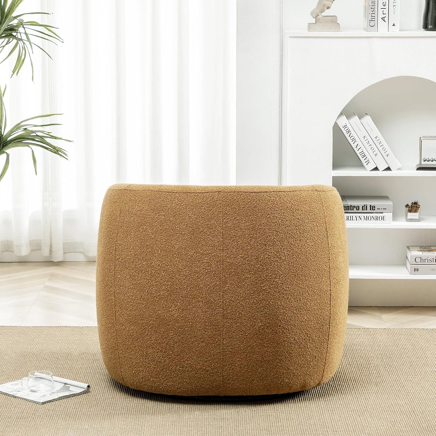 KINWELL 34" Wide Boucle Swivel Barrel Chair, No Assembly Round Upholstered Armchair Accent Chair Single Sofa Chair with Toss Pillow for Living Room and Bedroom, Brown