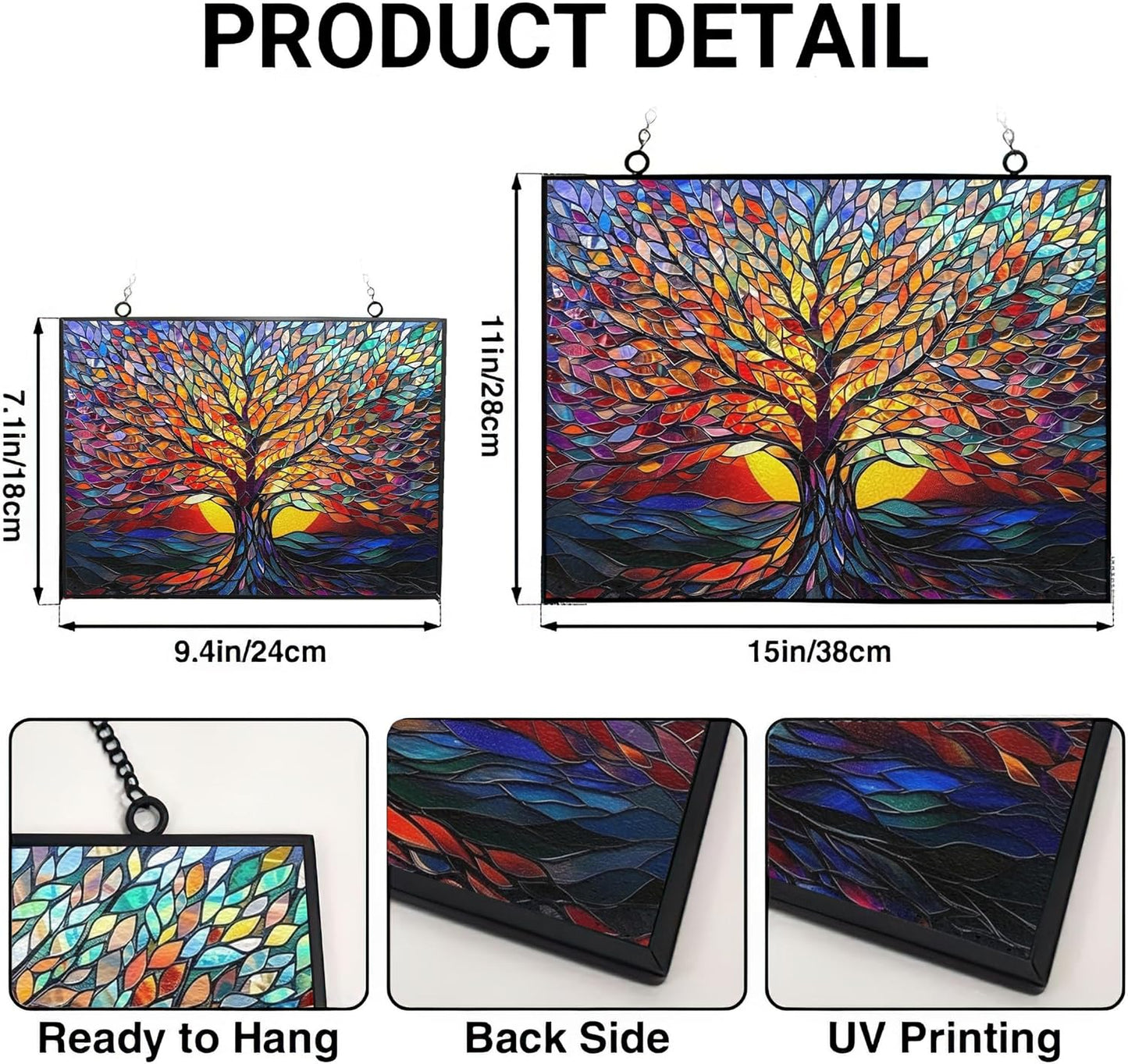 Rectangle Tree of Life Stained Glass Window Hanging, 15" W X 11" H Stained Glass Panel with Chain, Suncatchers for Windows Hanging Decorations, Gifts for Mom, Grandma, Wife, Sister