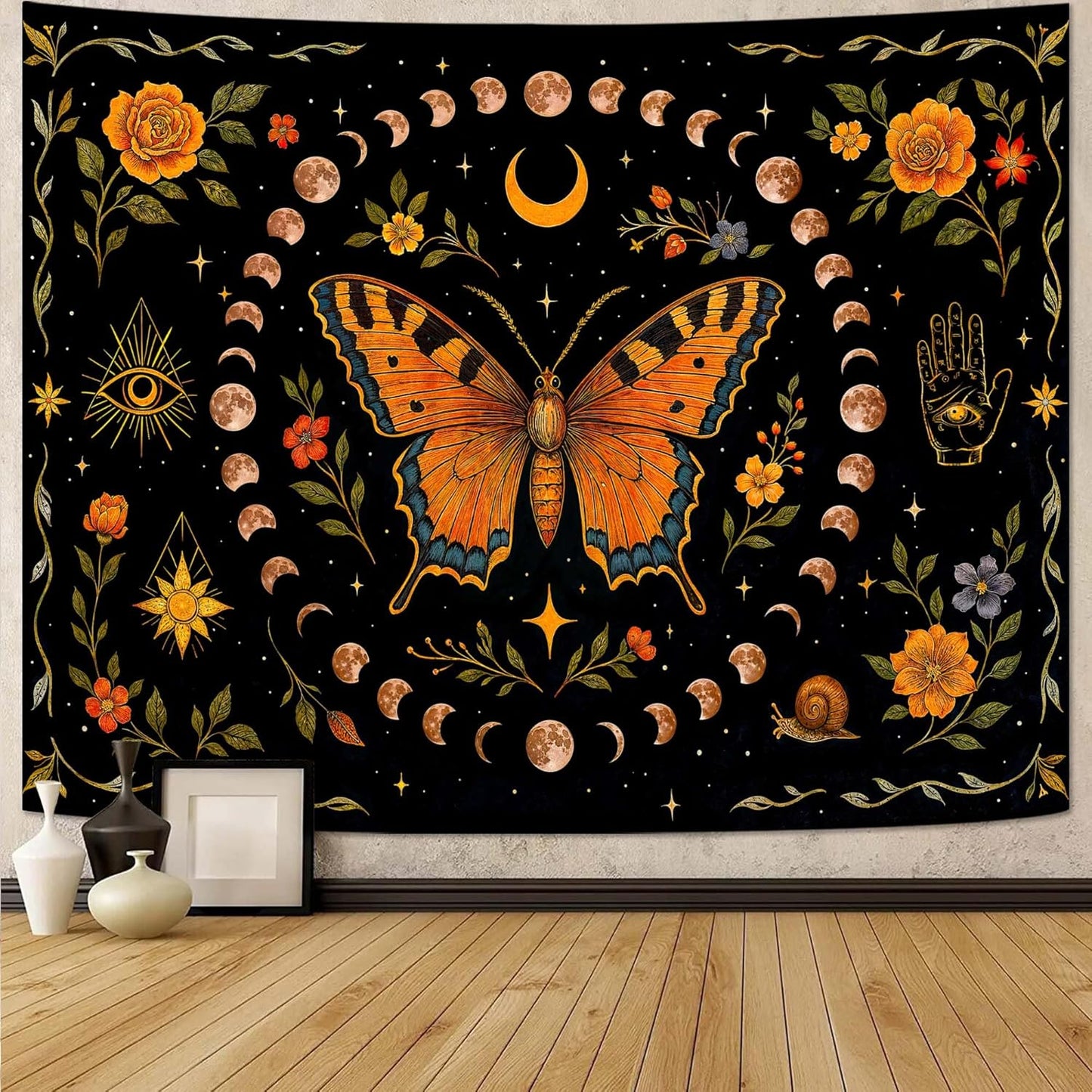 Lunerfex Moon Phase Butterfly Floral Wall Tapestry, Celestial Botanical Tapestries for Room Decor, Mystical Tapestry 60x44 Inch
