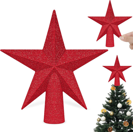 Star Tree Topper, 6" Red Christmas Tee Topper Decorations, Glitter 3D Xmas Bethlehem Star Waterproof Shatter-Proof, Christmas Tree Topper Ornament Decor for Christmas Holiday Party Indoor Outdoor Use