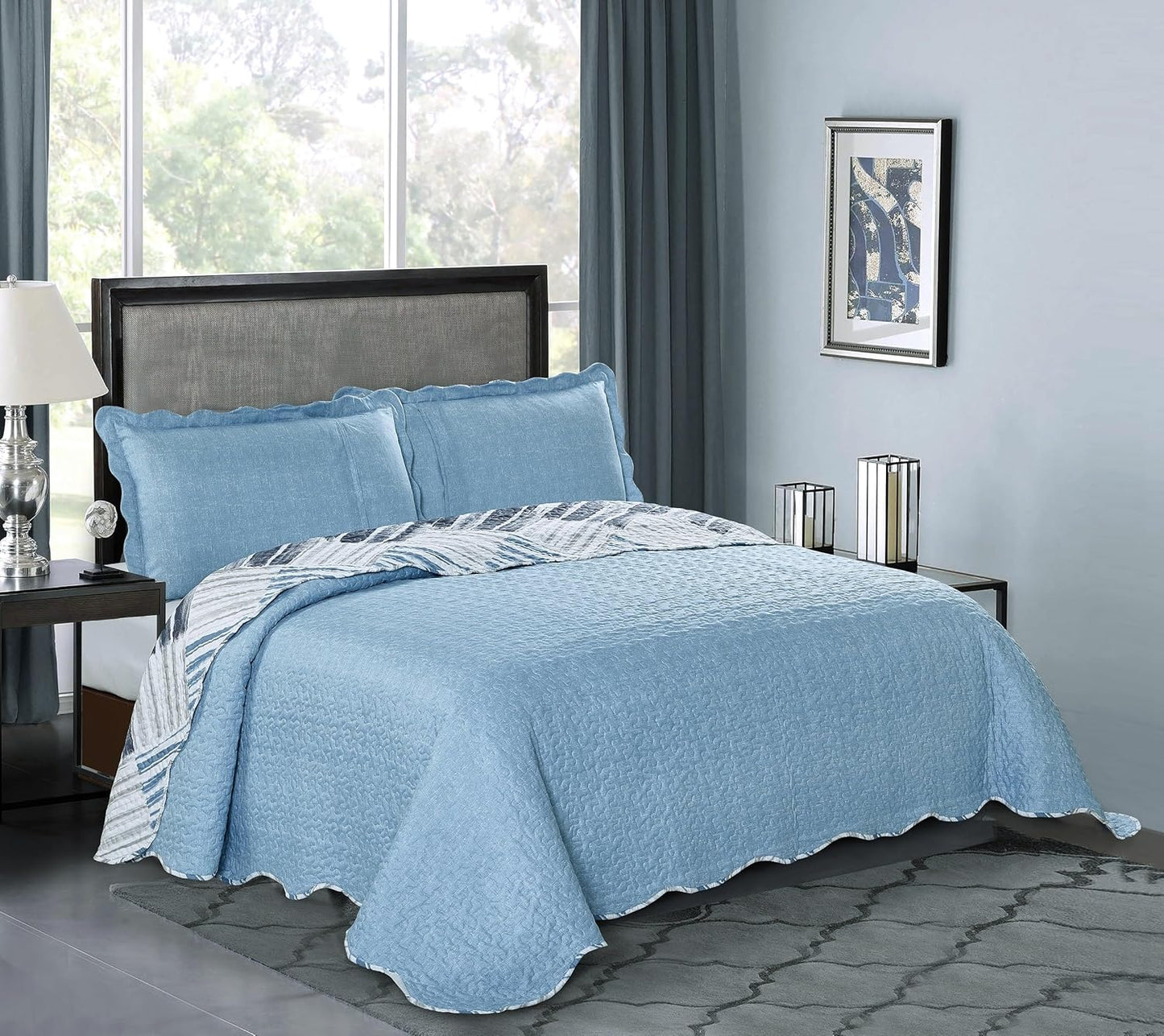 Brilliant Sunshine Blue and Grey Stripe Blocks Patchwork, 3-Piece Quilt Set with 2 Shams, Reversible Bedspread, Soft Lightweight Coverlet, All-Season, King, Blue Grey