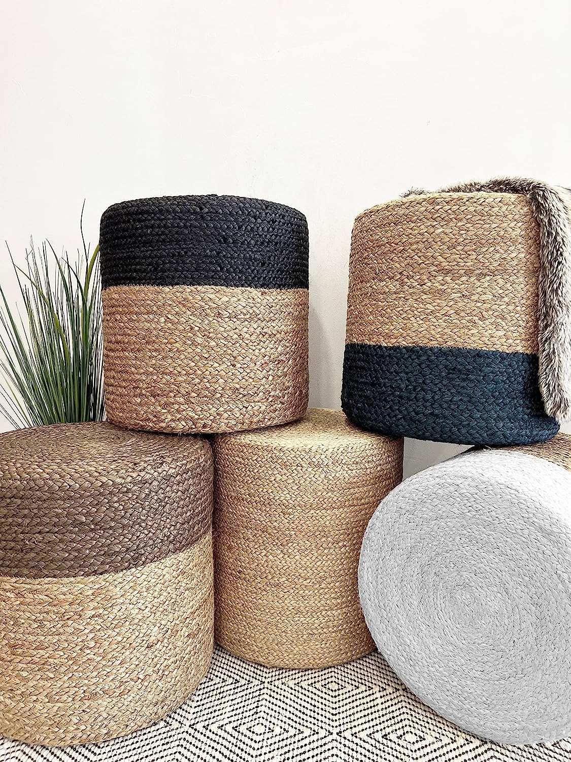 Jute Pouf Ottoman | Footrest Pouf | Hand Braided - Round Boho Pouffe - for Living Room, Bedroom, Nursery (16"x16"x16") Grey