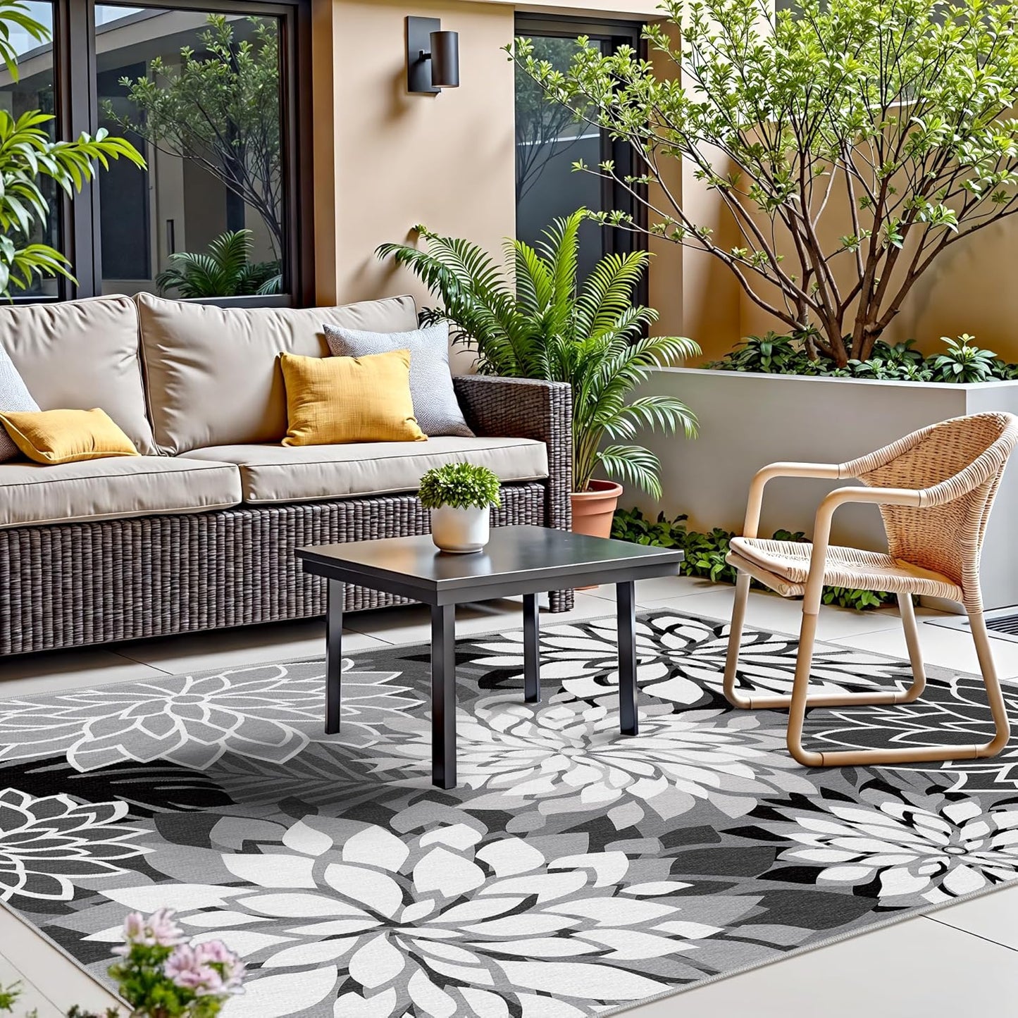 Indoor Outdoor Area Rug Washable Multicolored Rug Tropical Botanical Modern Floral Indoor Outdoor Carpet Black White Rug Non Slip Non Shedding for Patio, Deck, Backyard, Porch (5x8)