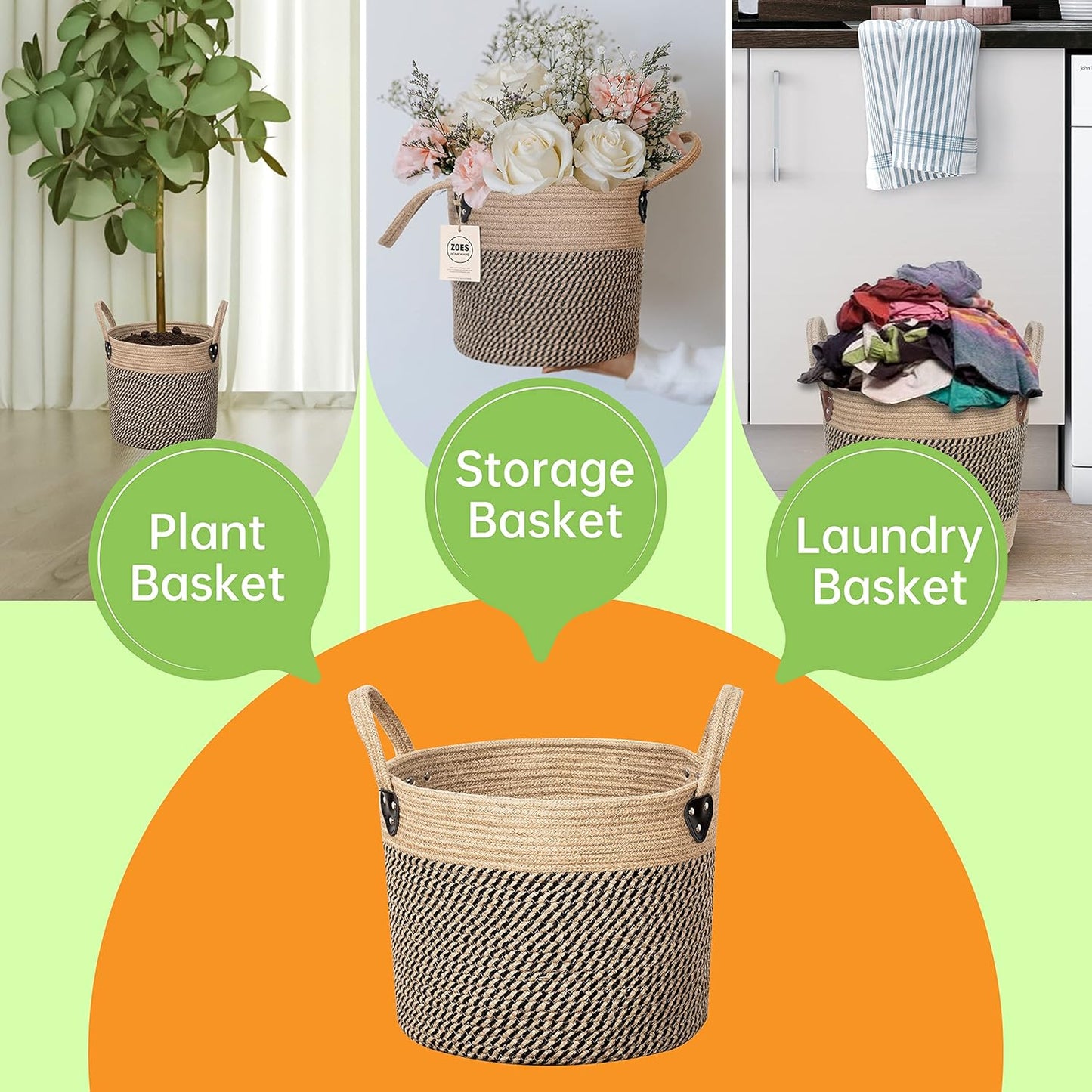 Jute Rope Basket - 10"x10" Woven Plant Pot Holder with Handles, Boho Indoor/Outdoor Planter Cover, Multifunctional Storage