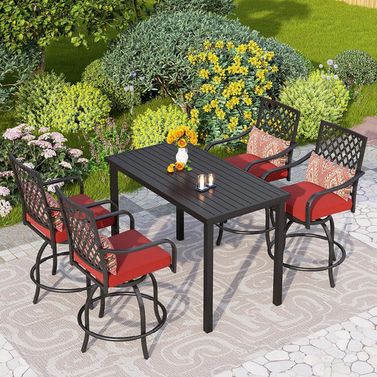 PHI VILLA 5 Piece Patio Bar Height Dining Set, 4 Outdoor Counter Height Swivel Bar Stools with Red Cushion and 1 Long 4-6 Person Metal High Top Bar Table for All Weather