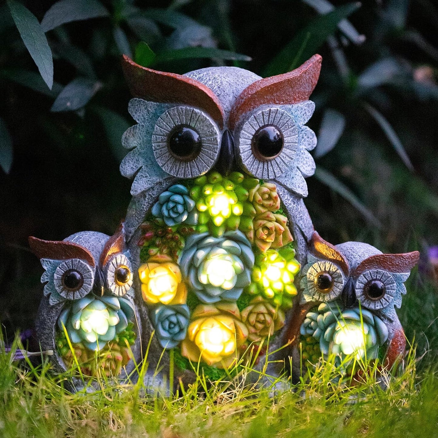 Solar Garden Statue Lights Owl Figurine with LED Lights, Outdoor Garden Succulent Ornaments, Mothers Day Mom Gifts for Outside Patio Yard Lawn Decor