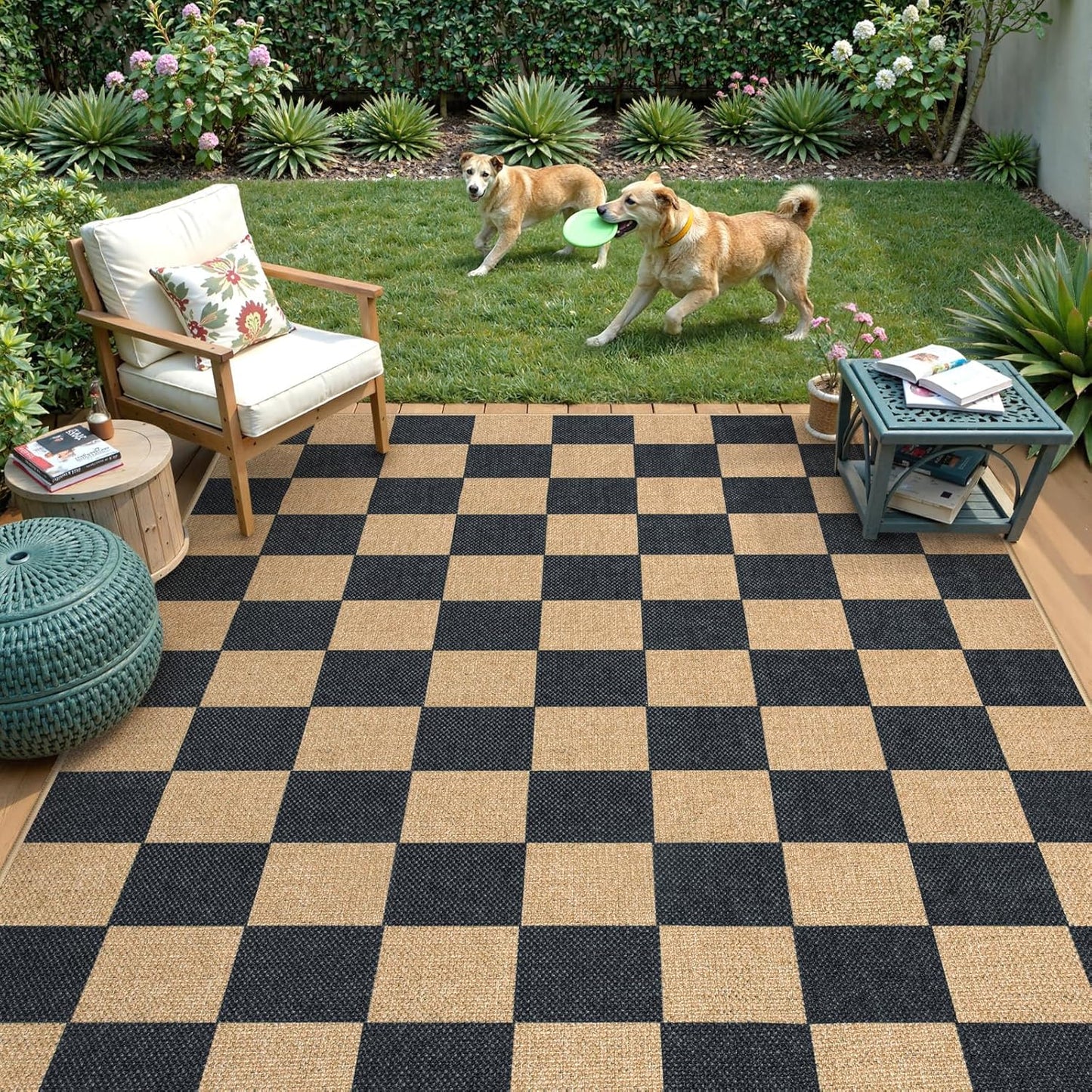 Lahome Checkered Easy Jute Area Rug, 5x7 Outdoor Patio Rug Washable Carpet for Living Room Checkerboard Indoor Outdoor Carpet, Farmhouse Geometric Non Slip Black Mat for Backyard Dining Room