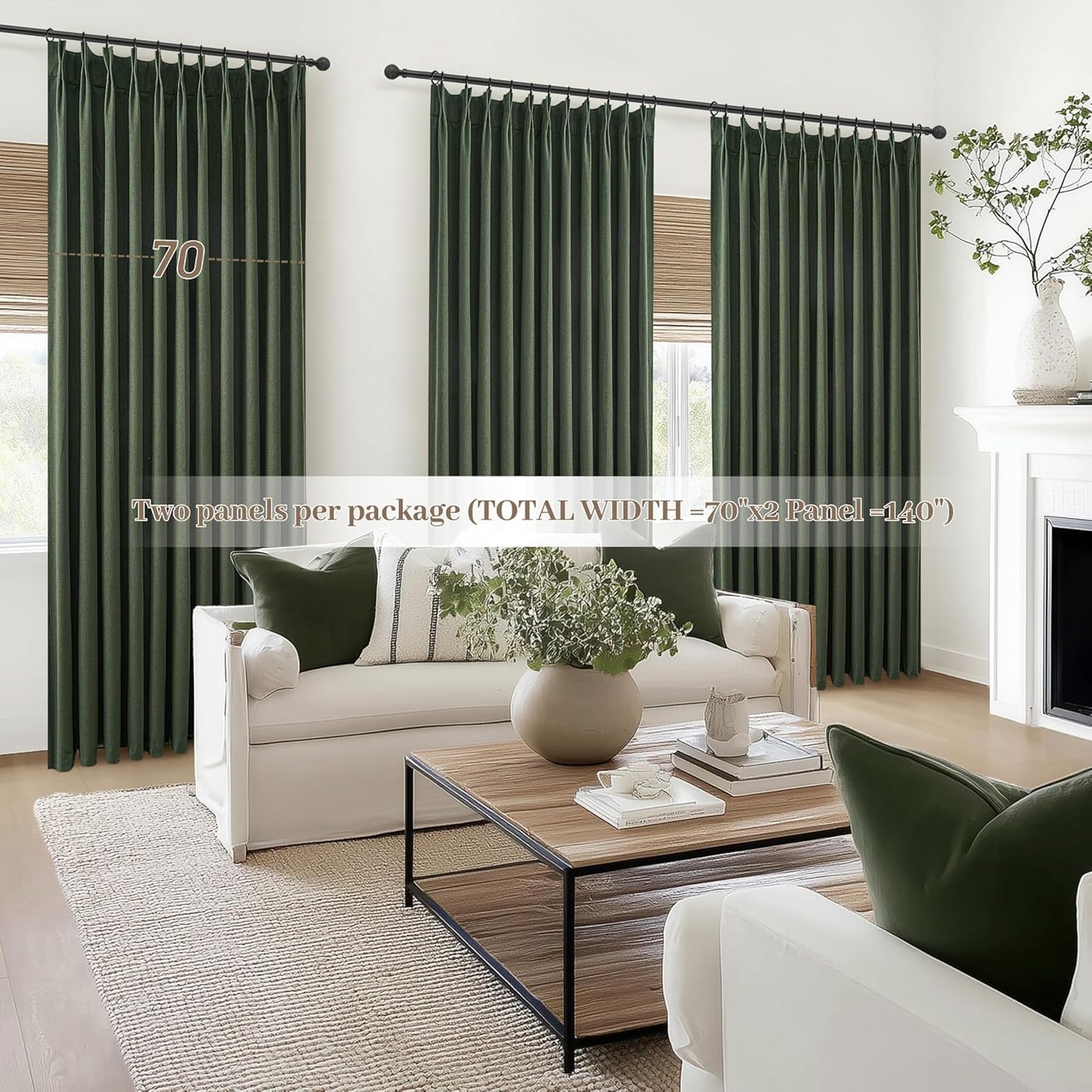 Pinch Pleated Blackout Curtains 70 Inches Extra Wide for Living Room, Sliding Glass Door Linen Blend Olive Green Viral Large Window Thick Heavy Duty Thermal Soundproof Drapes(70"Wx96"Lx2Panels Loden)