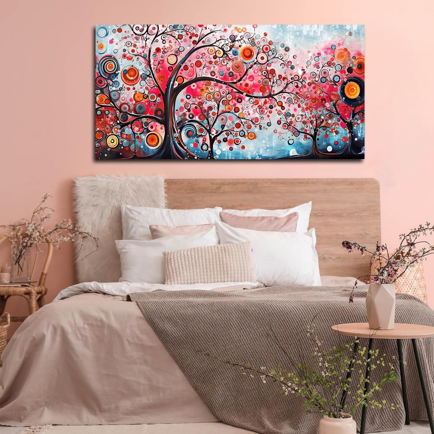 ENTANUB Tree Wall Art for Living Room, Abstract Canvas Wall Decor for Bedroom, Pink Print Paintings, Size 24x48 Inches
