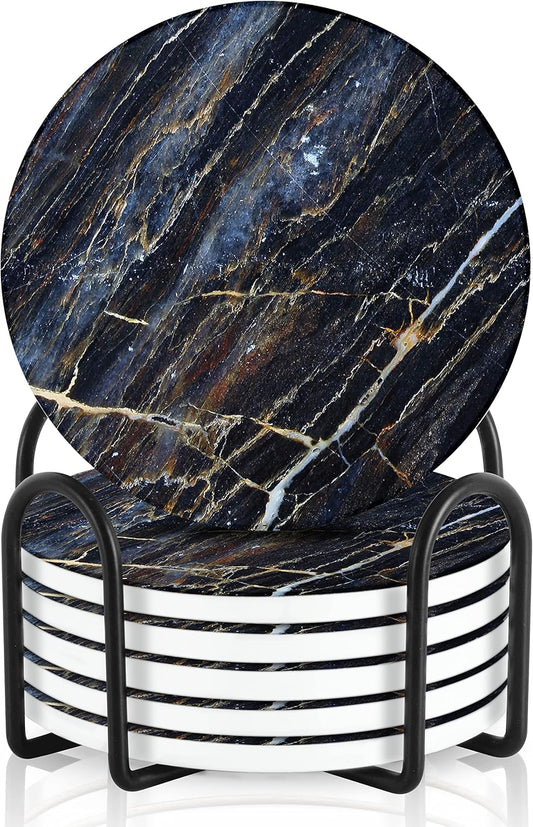 Emerson Coasters for Drinks Absorbent – Natural Stone Drink Coasters Set with Holder, Coasters for Coffee Table, Wooden Tabletop Protection Marble Style – 100% Heavy Duty Set of 6 (Thunder)