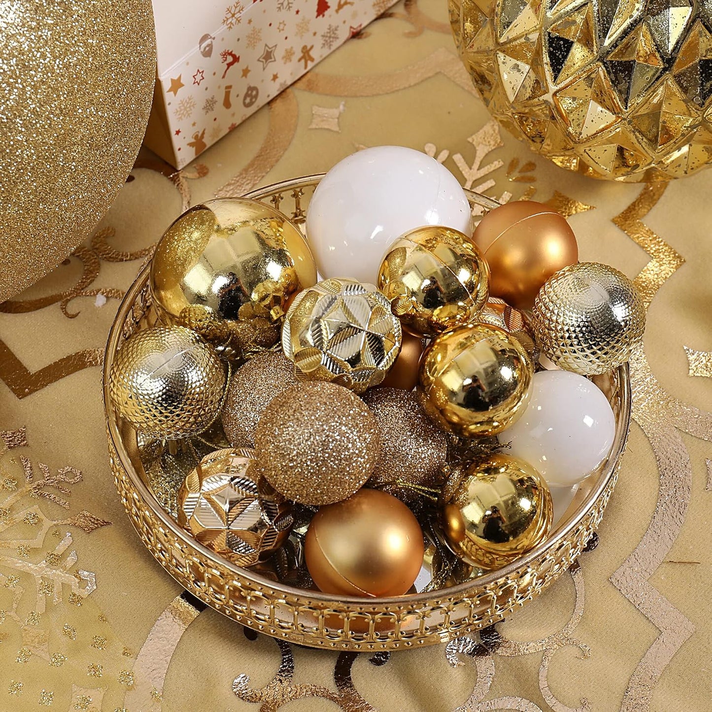 87ct Christmas Ball Ornaments Set Shatterproof Seasonal Hanging Decorations with Reusable Hand-held Gift Package for Xmas Tree Holiday Party and Home Decor, Gold
