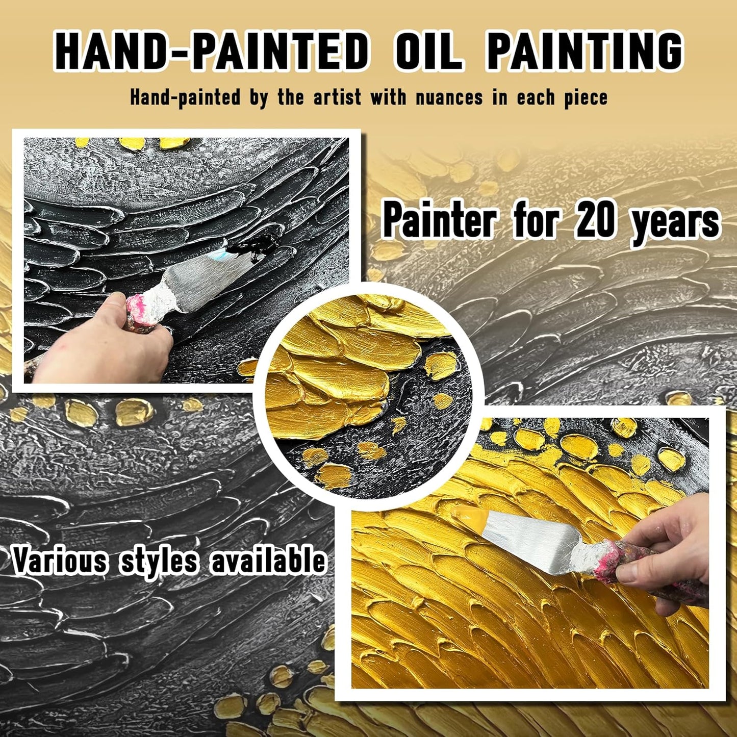 Abstract Painting Wall Art for Living Room Black and Gold Wall Art for Office Canvas Wall Decor for Bedroom Size 20 x 40 Inch