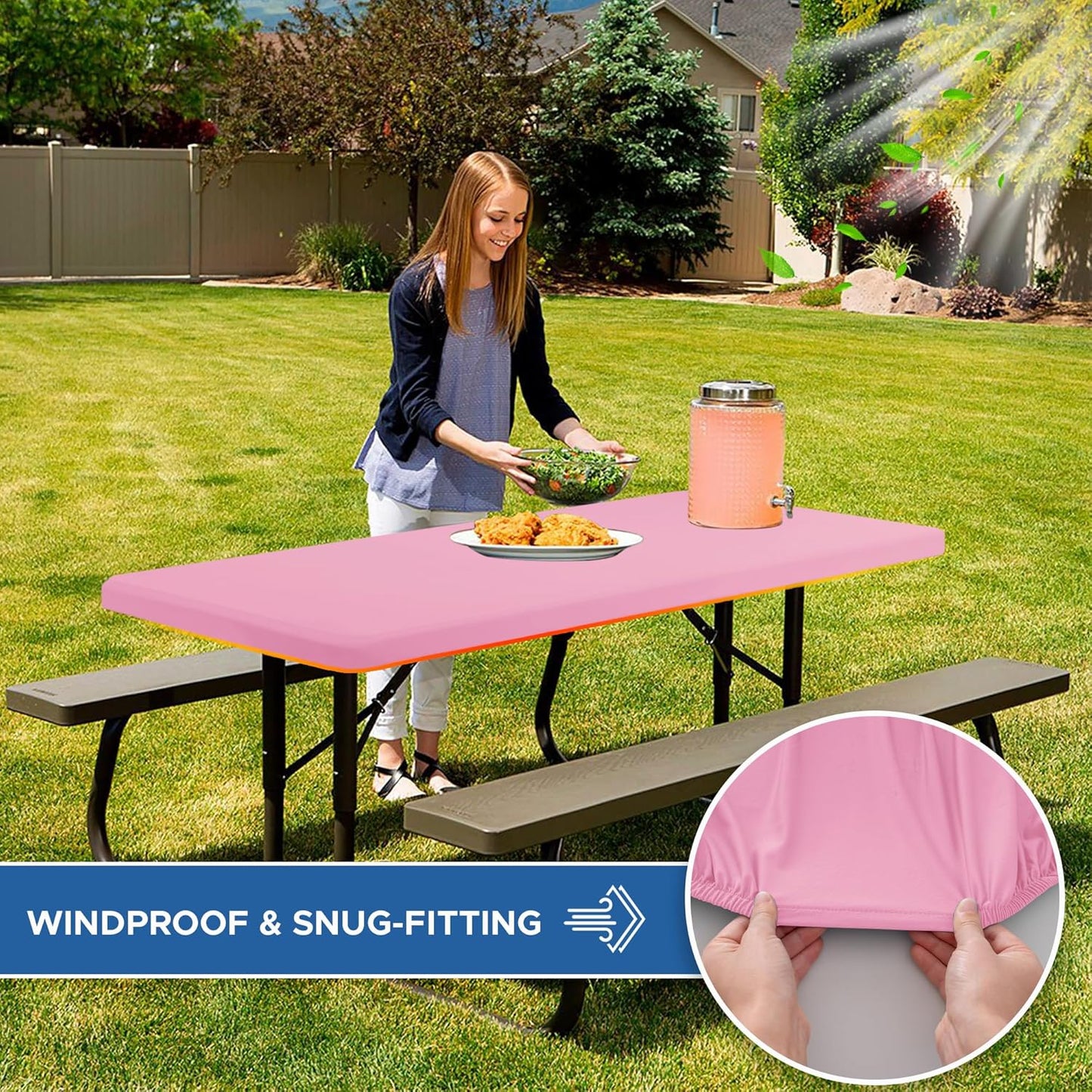 Fitted Tablecloth for 8 Foot Rectangle Tables-4 Pack Pink Elastic Outdoor Picnic Table Cover-Spandex Stretch Folding Table Cloths 8ft for Camping Dining Room Patio Kitchen Banquet Party