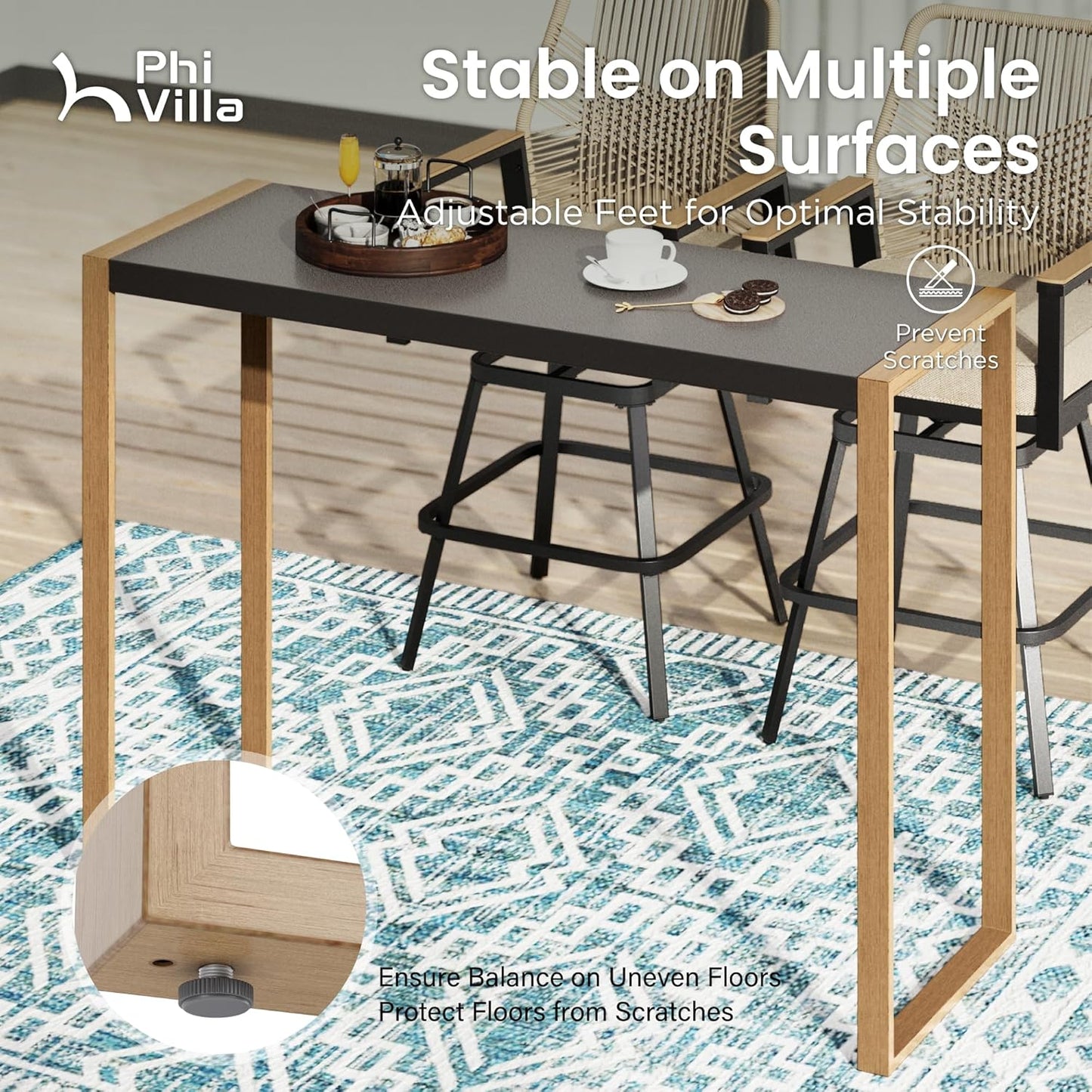 PHI VILLA 3 Piece Outdoor Bar Set, Bar Height Patio Bistro Table and Bar Chairs with Gray Textilene Fabric & Rustproof Metal Frame for Backyard, Balcony, Garden Poolside