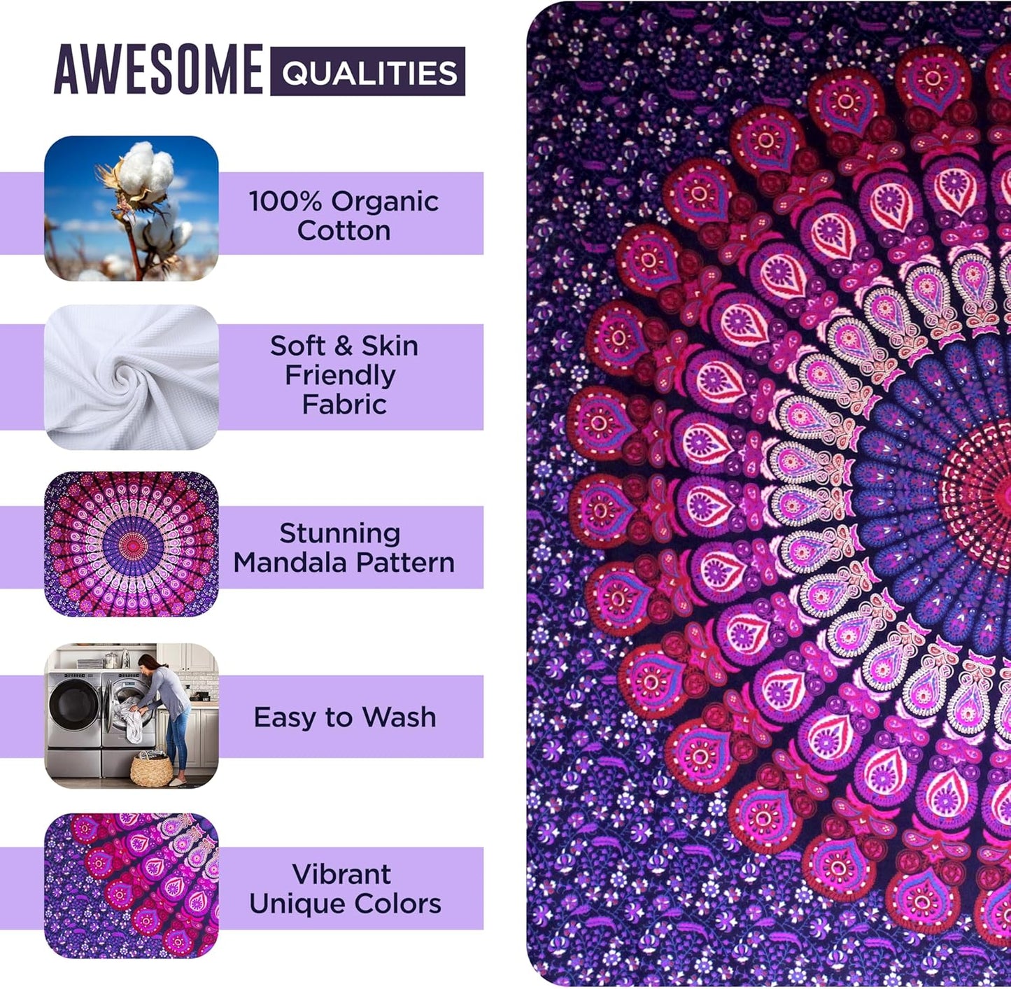 raajsee Indian Cotton Purple Tapestry Mandala Wall Hangings- Tapestry For Bedroom - Indie Wall Tapestry Hippie Room Decor - Boho Small Tapestrys Aesthetic Poster (30x40 Inches / 76x101 Cms)