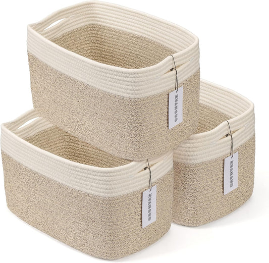 Cotton Rope storage Basket Bins Woven Basket for Organizing Shelves Rectangle Decorative Baskets For storage Clothes Toys Books Towels Square Wicker Nursery basket organizer 3 pack white and brown