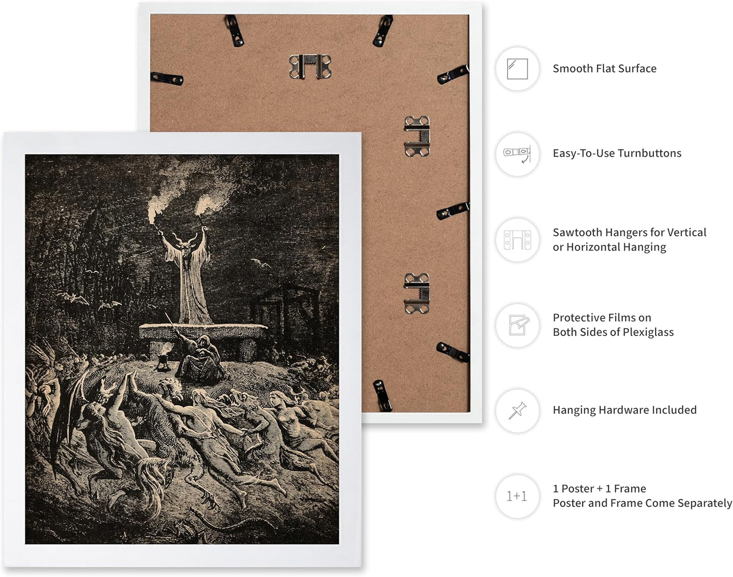 Poster Master Vintage Gustave Dore Poster - Retro Illustration Print - Gift for Gothic, Horror Fan - Dance of Sabbath, Witch, Magic, Spell - Wall Decor for Bedroom, Dorm, 8x10 White Framed