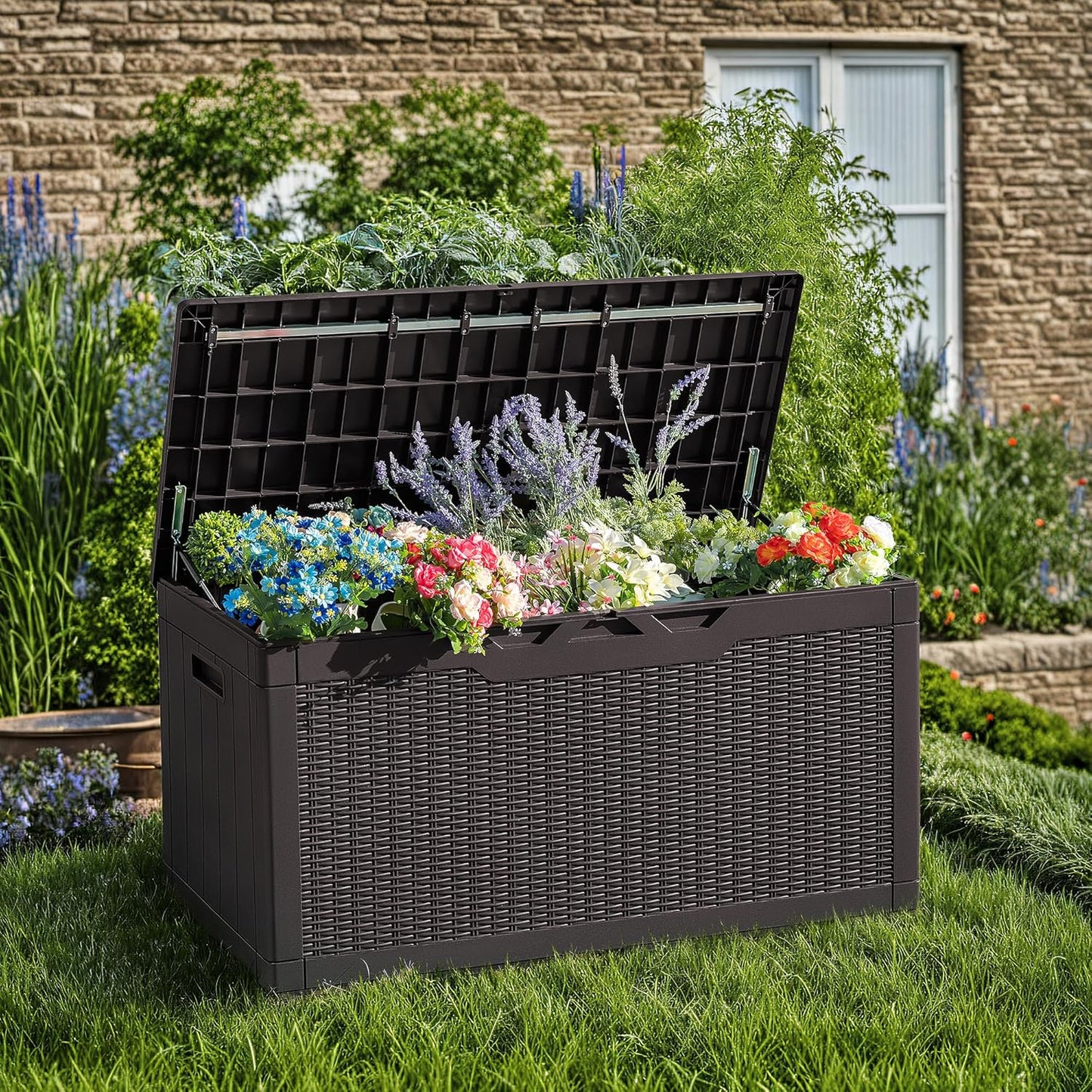 Devoko 97 Gallon Deck Box, Waterproof Resin Outdoor Storage Box for Outside and Patio, Large Outdoor Storage Bench Cabinet Lockable for Patio Furniture, Garden Tools and Pool Supplies (Deep Brown)