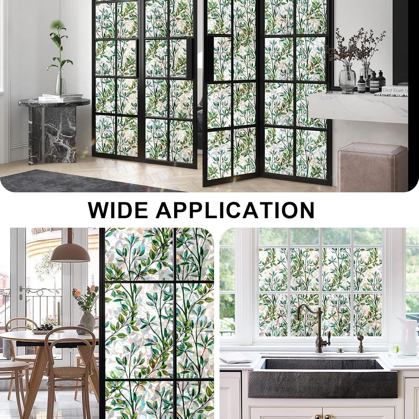 Rainbow Window Privacy Film 3D Leaf Decorative Stained Glass Window Film Anti UV Non-Adhesive Reusable 17.5" x 78.7" for Home Room Car Glass Cling