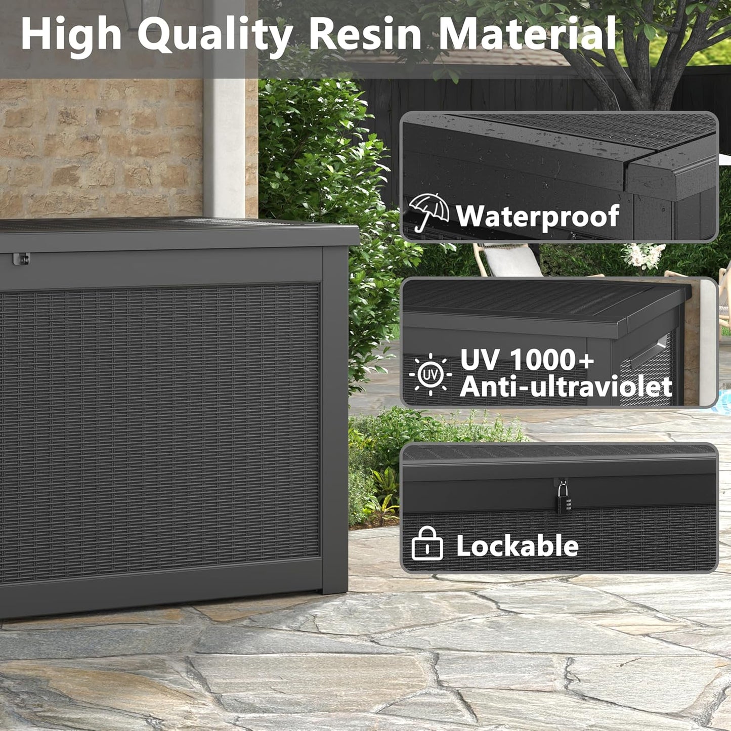 260 Gallon Resin Deck Box, Large Indoor and Outdoor Storage Box, Weatherproof and UV Resistant Outdoor Storage Box with Built-in Steel Beams for Patio Cushions, Pool Supplies