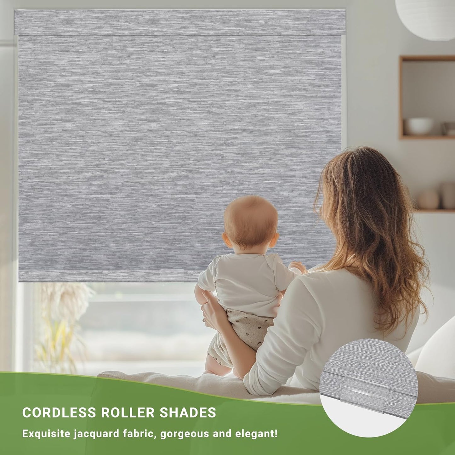 Blackout Roller Shades for Indoor Windows, Cordless Jacquard Fabric-Matched Roller Blinds, Easy to Install Privacy UV Protection Roll Up Blinds for Home Office, Grey, 32" W x 72" H