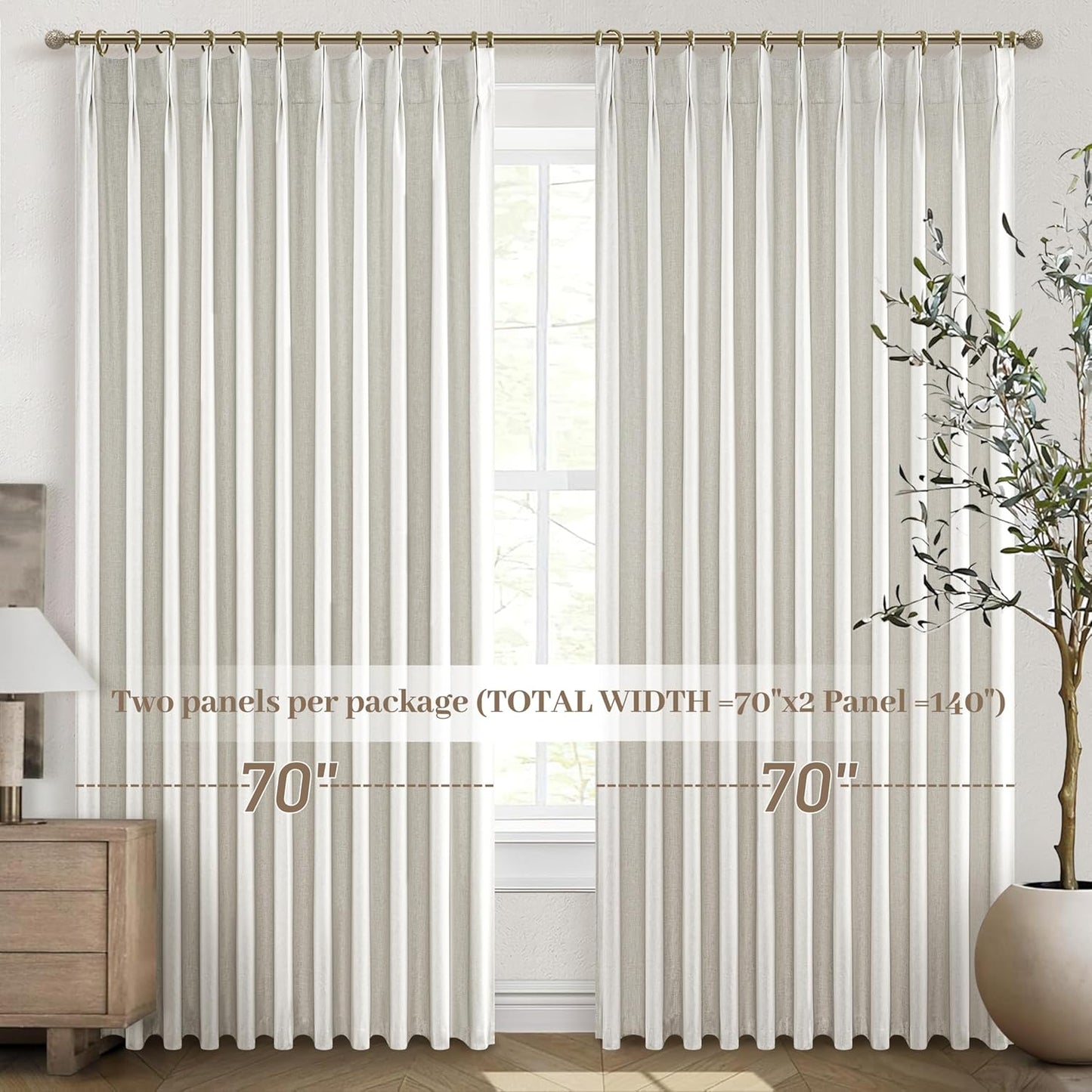 Lush Decor Wide Curtains for Windows 120 to 140 Blackout Linen 108 Inches Long, Pinch Pleated Thick 70 Inch Extra Wide Patio Door Curtain Panels 2 Set Drapes Floor to Ceiling Drapes Heavy Thermal