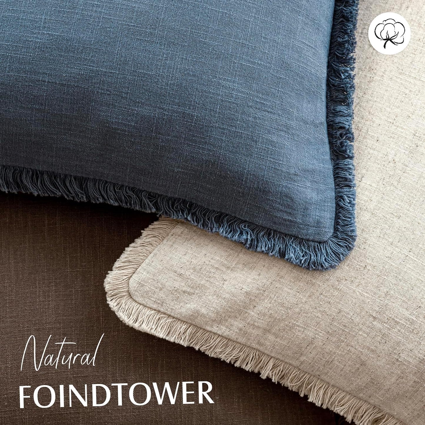 Foindtower Set of 2 Decorative Linen Fringe Throw Pillow Covers Cozy Farmhouse Cushion Cover with Tassels Accent Pillowcase for Couch Chair Sofa Bed Living Room Home Decor,22×22 Inch,Dark Blue