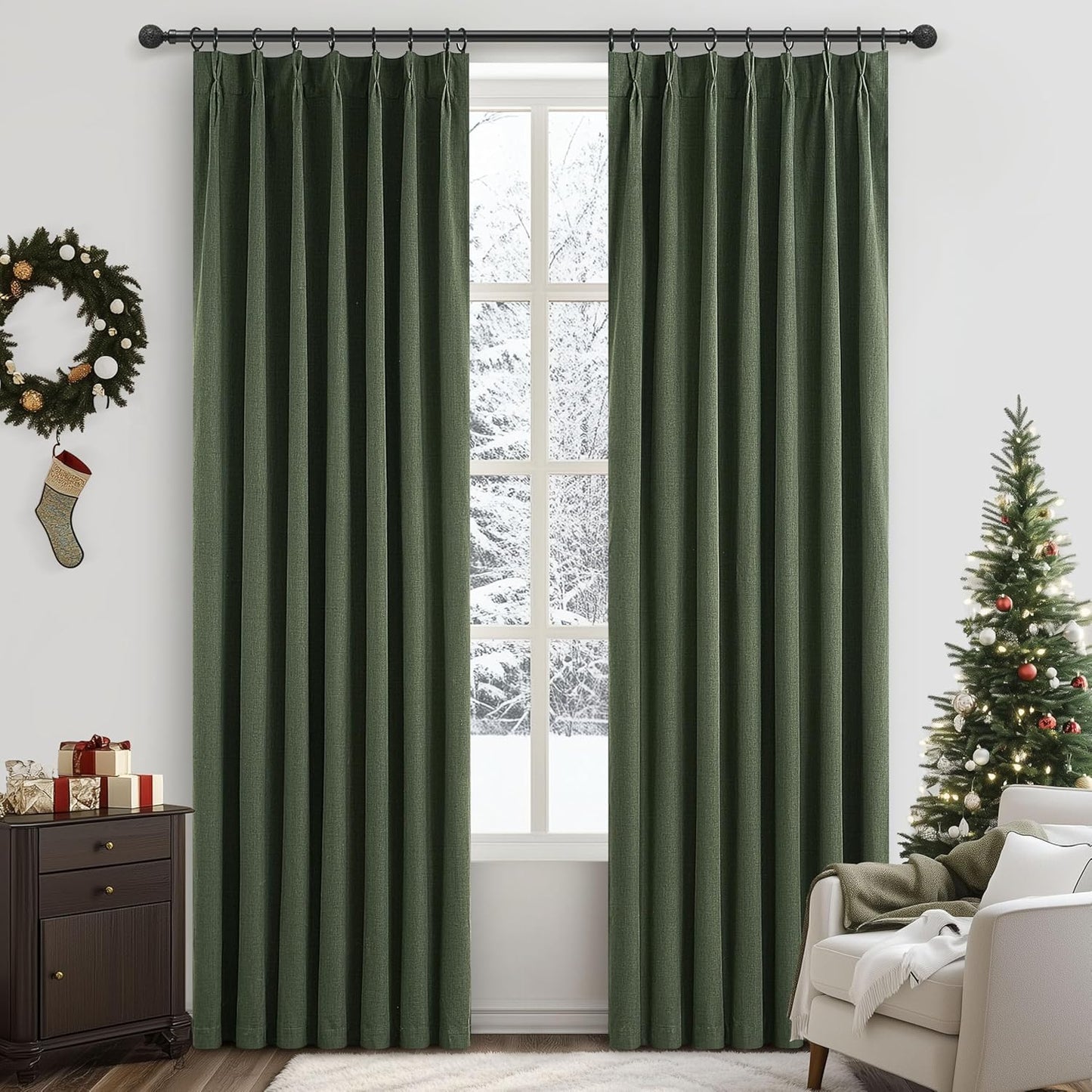 Olive Green Bedroom Curtains 84 Inch Length 2 Panels Set Burg,Pinch Pleated Decorative Blackout Drapes Thermal Insulating Window Boho Cottage Full Light Blocking Curtain Lined Linen Blend Sunroom Pine