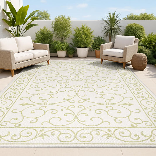 JONATHAN Y Vintage Filigree Indoor Outdoor Area Rug 4X6 Cream/Green, Charleston Textured Weave for Backyard, Patio, Porch, Easy-Cleaning, High Traffic, Pet-Friendly, Non-Shedding (SMB106I-4)