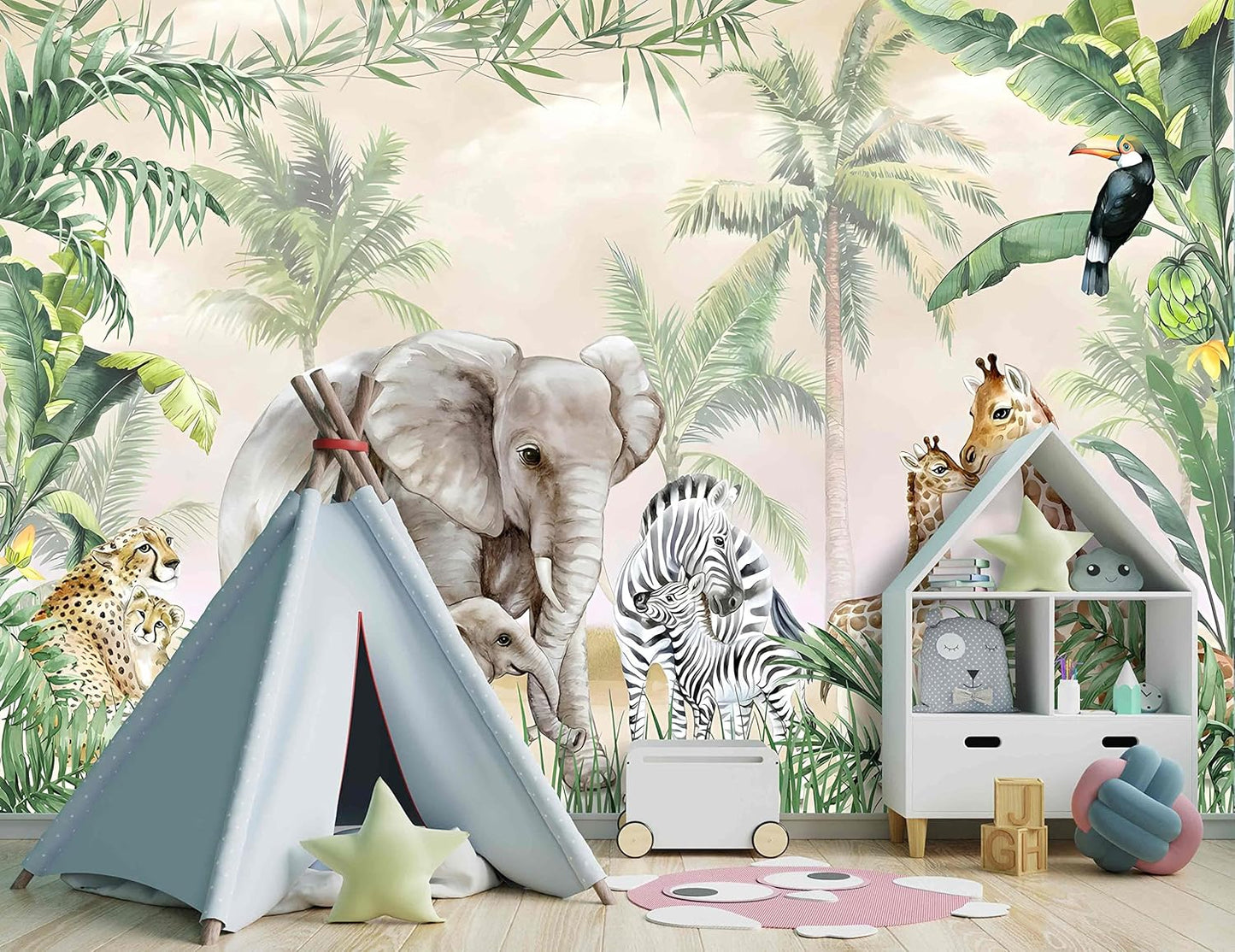 Tropical Animal Plants wallpeper Nursery Kids Bedroom Elephant Wall Mural - 137"x96"（Not Peel and Stick）