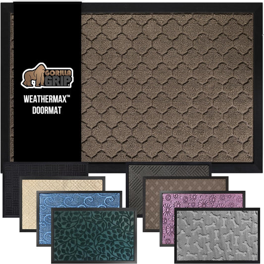 GORILLA GRIP 100% Waterproof All-Season WeatherMax Doormat 35x23, US Designed Natural Rubber, Stain and Fade Resistant, Low Profile Indoor Outdoor Door Mats, Easy Clean Patio Mat, Latte Quatrefoil