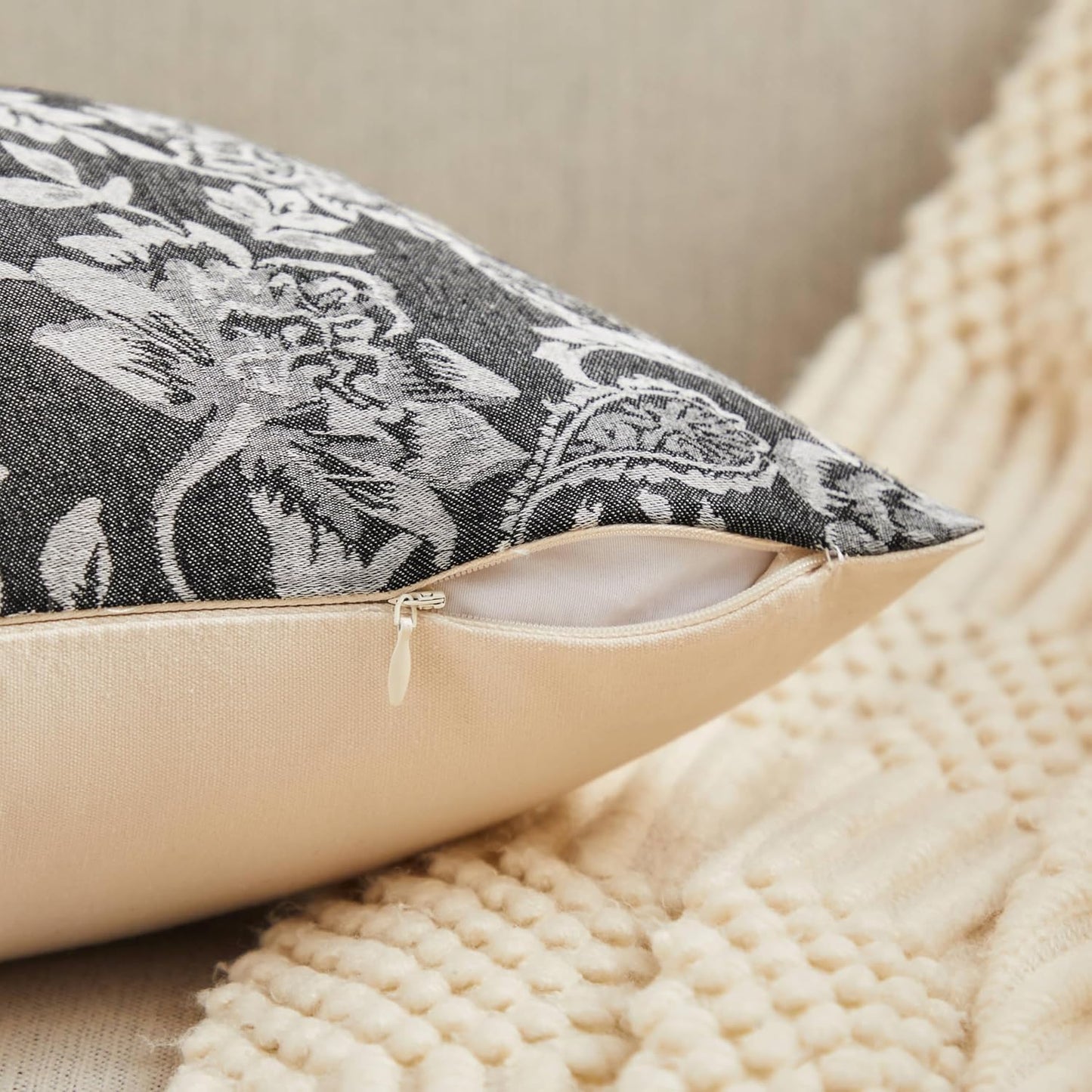 Floral Jacquard Throw Pillow Covers Set of 2, Background/Chocolate 16x16 Inch, Farmhouse Decorative Cotton Dark Brown Cushion Covers for Sofa Bed Living Room Home Decor