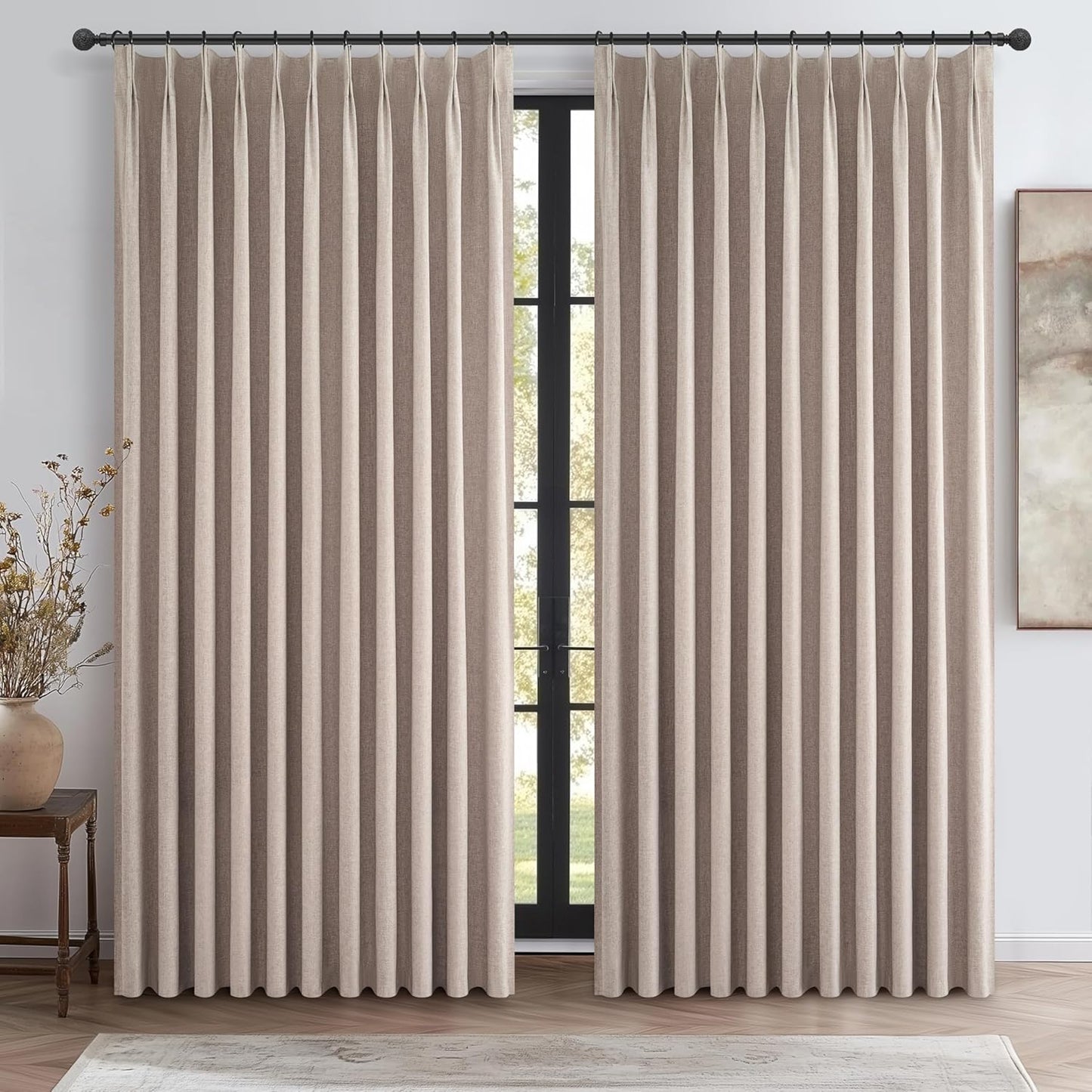 Pinch Pleated Flax Linen Blackout Extra Wide Curtain Panels for Living Room/Sliding Glass Door, Thick Burlap Memory Trained Window Drapes Insulated with Back Tab Dining Room (70"Wx102"Lx2 Panels)