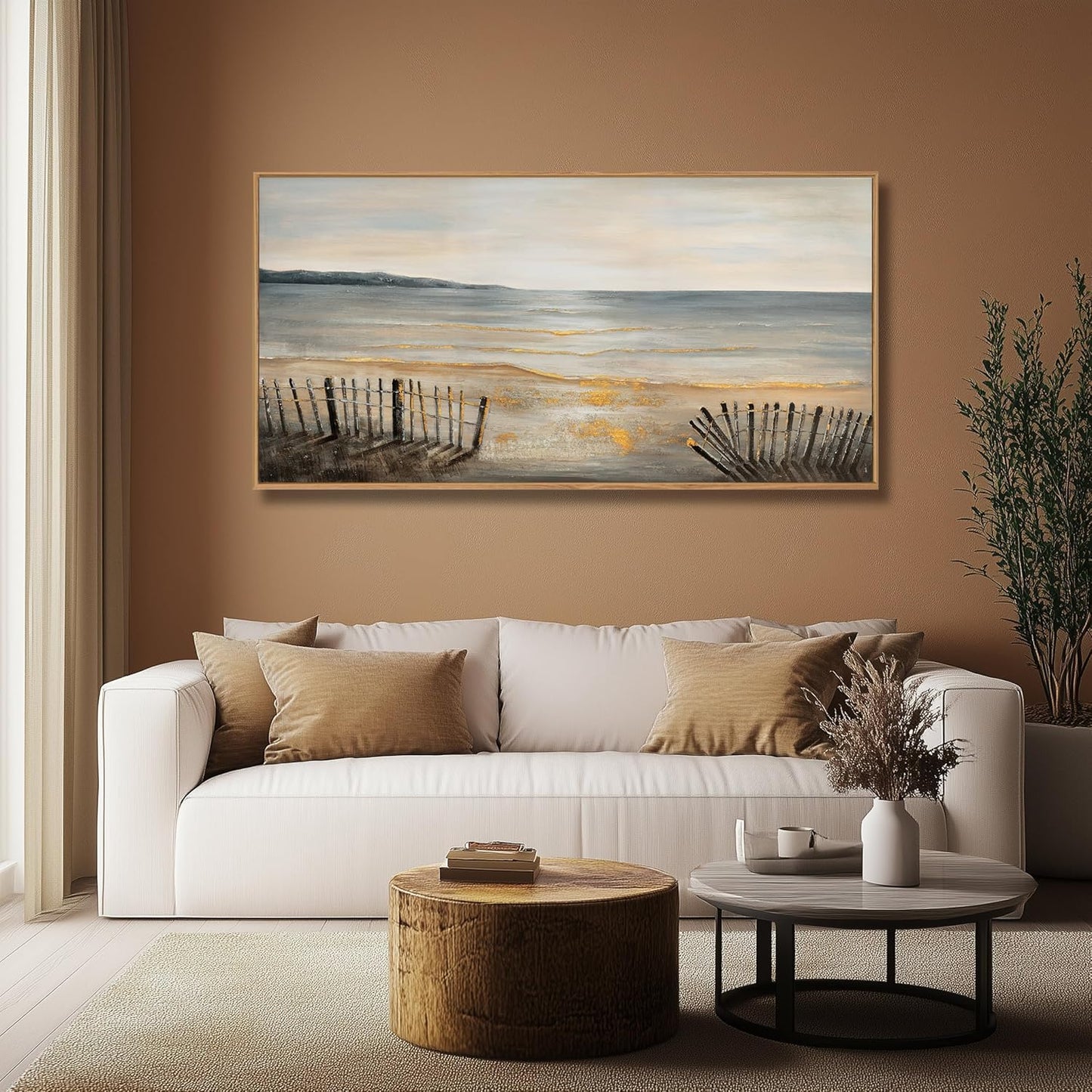 Yuaxker Large Ocean Wall Art Grey and Gold Wall Decor Framed Wall Hanging Wave Aesthetic Artwork for Living Room Bedroom Dining Room Office Home Decor 30x60 Inch