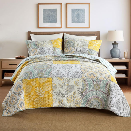 Secgo Queen Comforter Set for Bed - 100% Cotton Quilts Queen Size, Black Bedspreads (90 * 98 Inch) with 2 Pillow Shams, Patchwork Reversible Lightweight Bedding