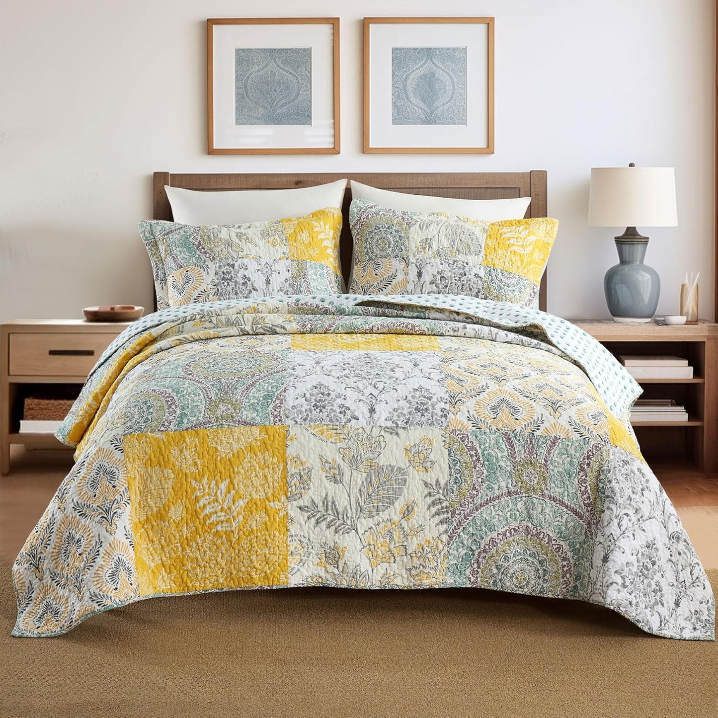 Secgo King Size Comforter Set- 100% Cotton Quilt King Size Set, Green, Sage bedspreads (96 * 108 Inch) with 2 Pillow Shams, Patchwork Reversible Lightweight Bedding