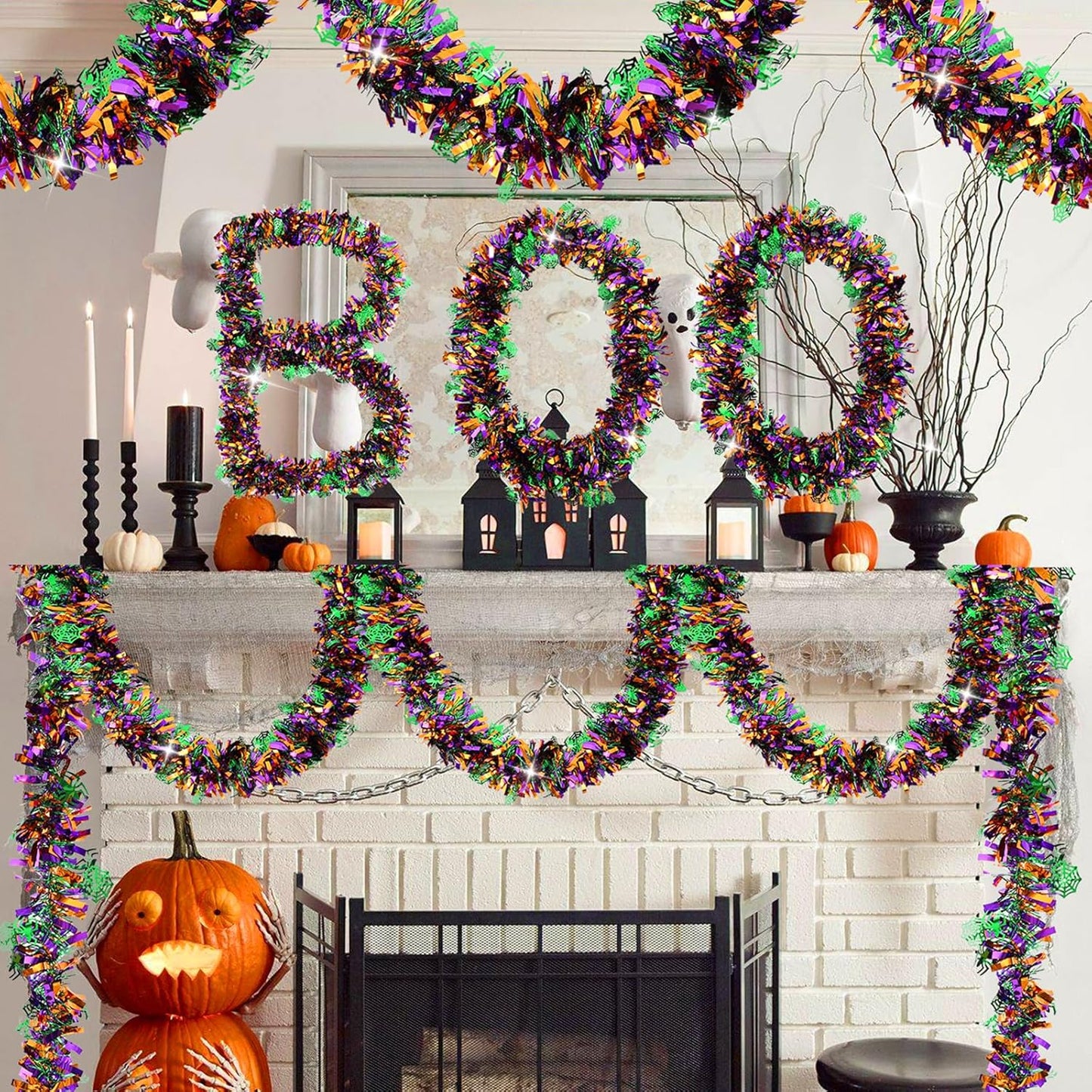 33 FT Halloween Tinsel Garland Decorations,Orange Purple Green Halloween Garland with Spider,Spider Web Shiny Metallic Garlands for Indoor Outdoor Decorations