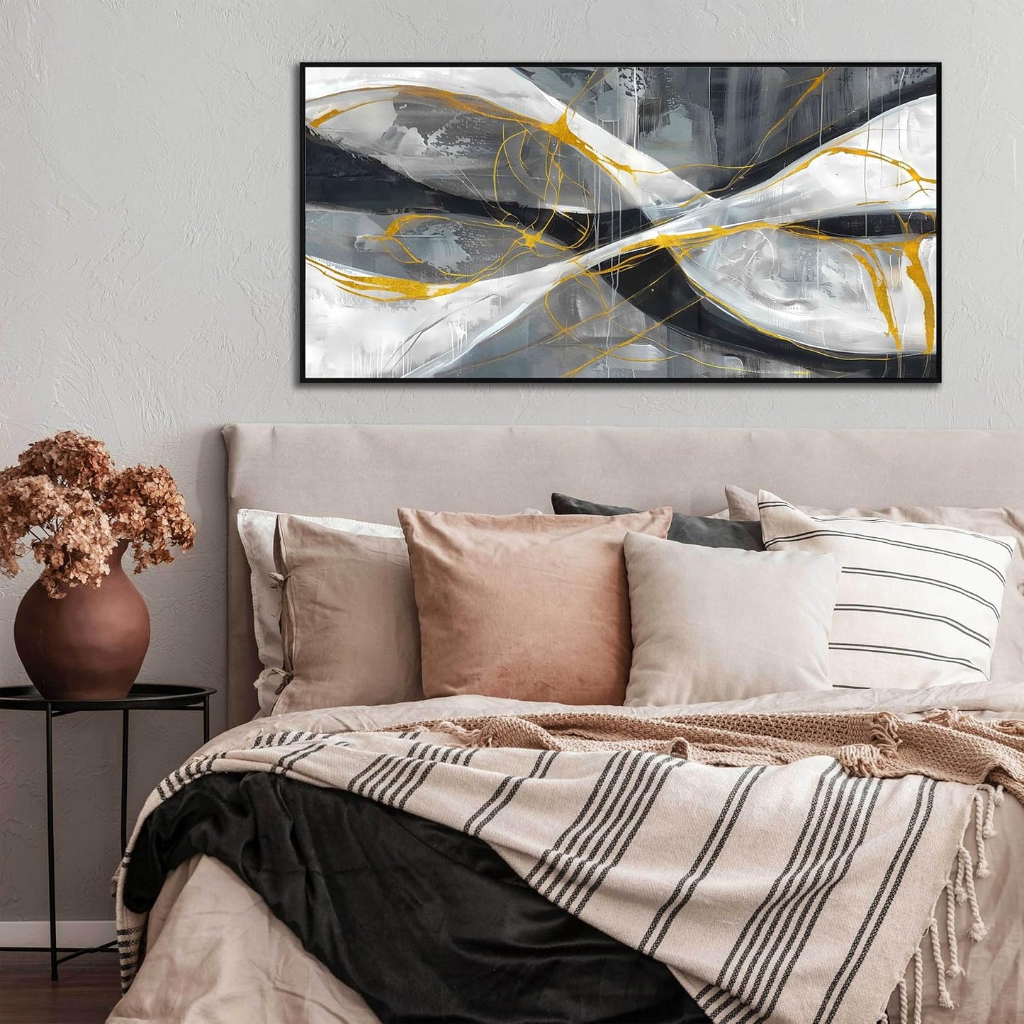 Ouzzlie Abstract Wall Decor Art Modern Canvas Picture Black White and Gold Wall Art for Bedroom Office Decoration 24" x 48"
